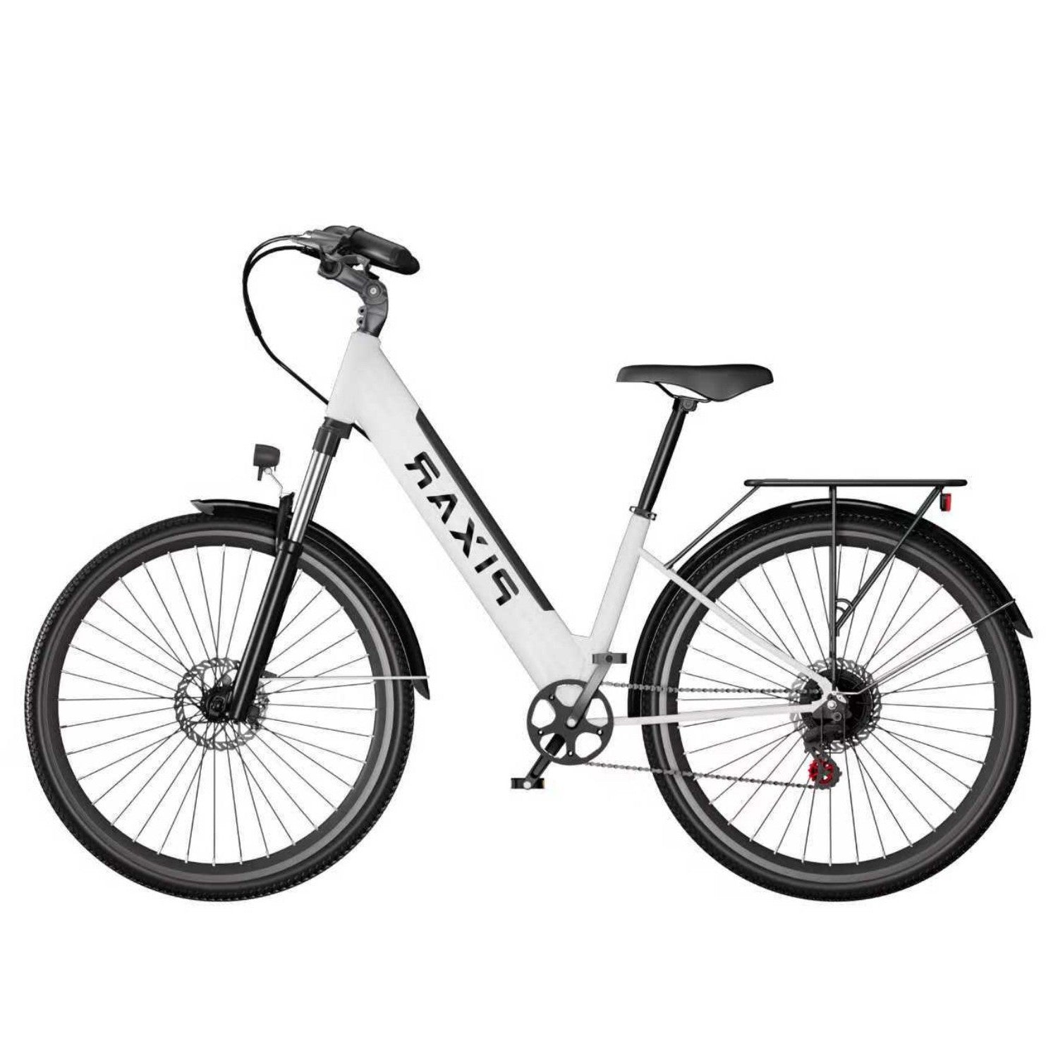 Una bicicleta blanca con portaequipajes negro y neumáticos negros.