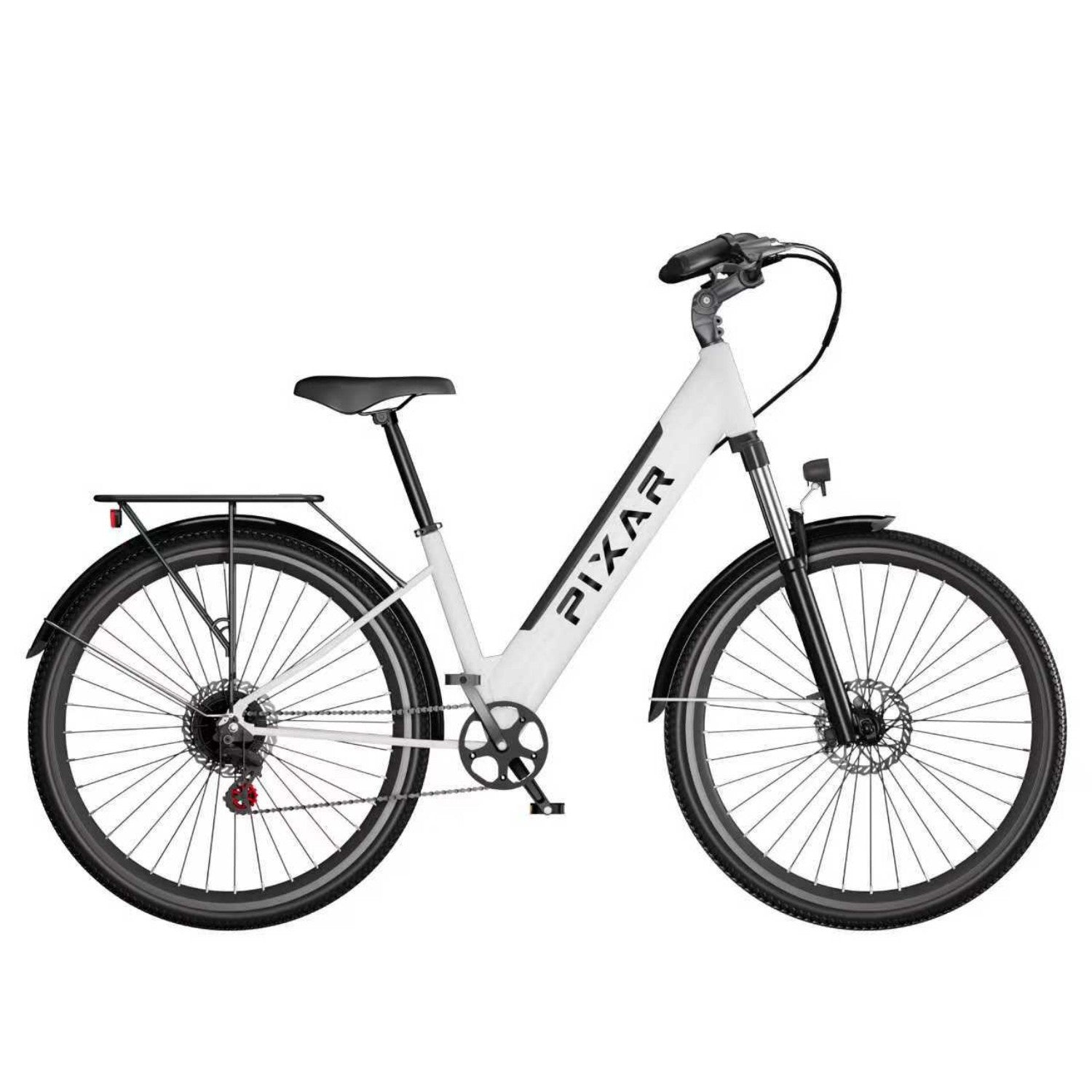 Una bicicleta eléctrica blanca con manillar, sillín y neumáticos negros.