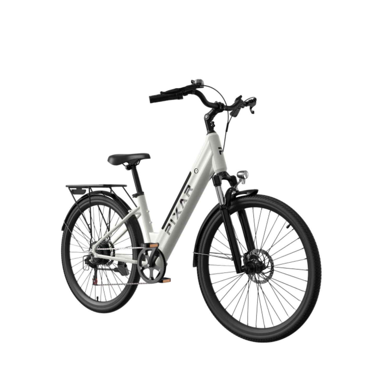 Una bicicleta eléctrica blanca con detalles negros, horquilla, ruedas y portaequipajes.