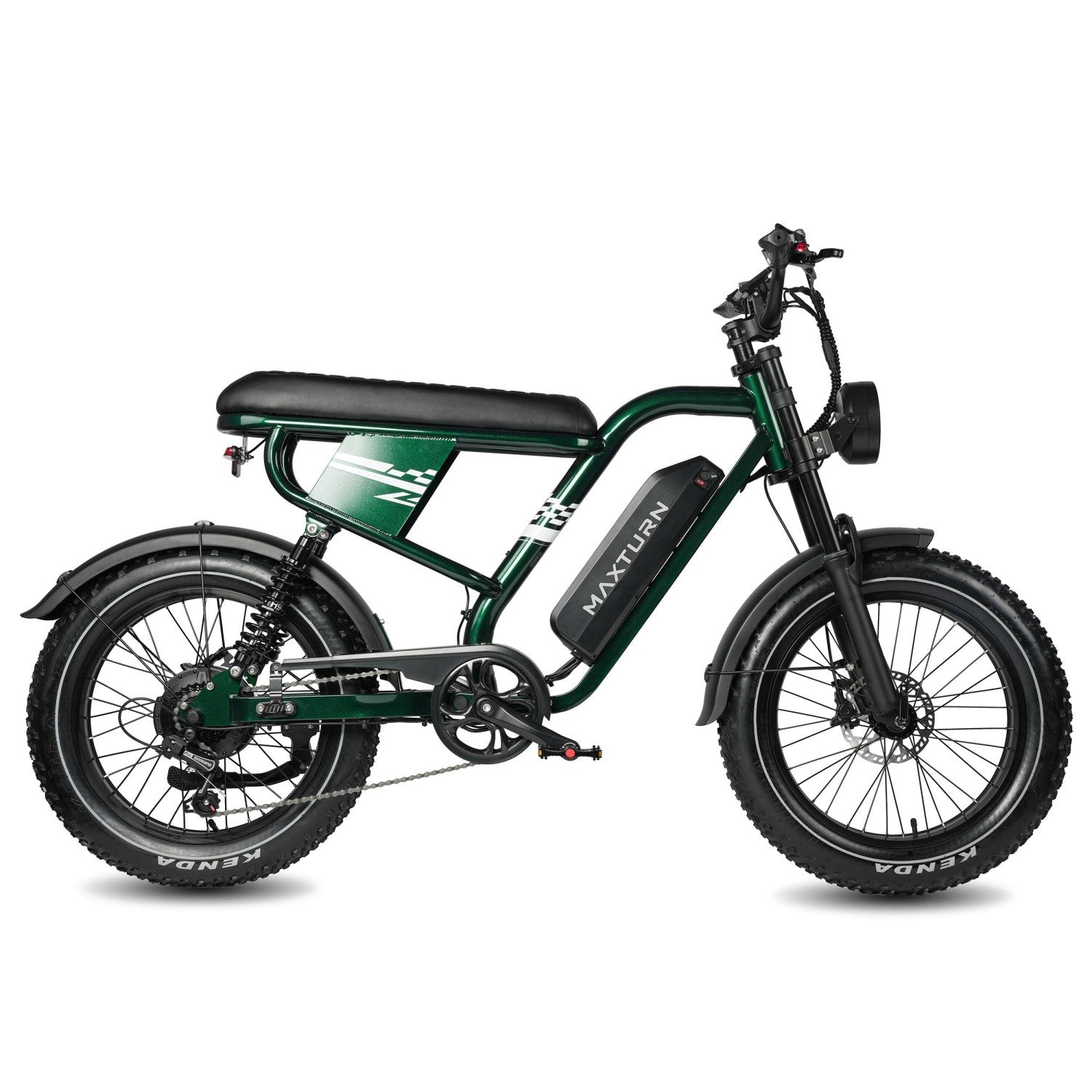 Bicicleta eléctrica verde oscuro con neumáticos anchos, asiento negro y logo MAXTURN.