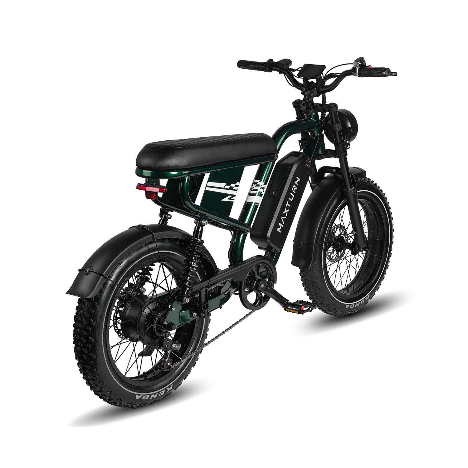Bicicleta eléctrica verde oscuro con neumáticos anchos, asiento negro y patrón de rayas blancas.