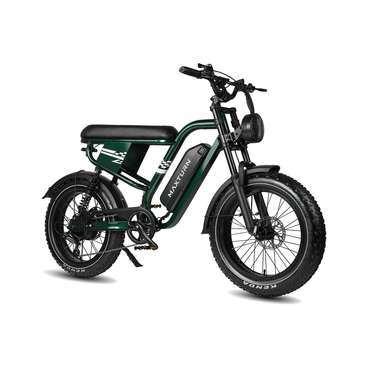 Una bicicleta eléctrica verde de llantas anchas con asiento y guardabarros negros.
