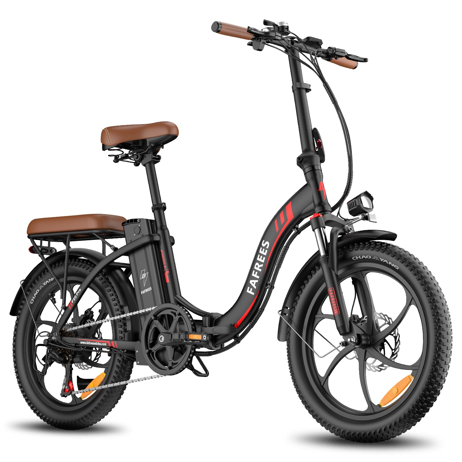 Bicicleta eléctrica plegable negra con asientos marrones y llantas anchas.