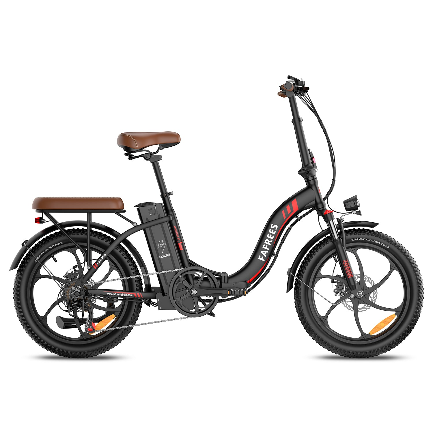 Bicicleta eléctrica plegable negra con asientos marrones, llantas anchas y faro.