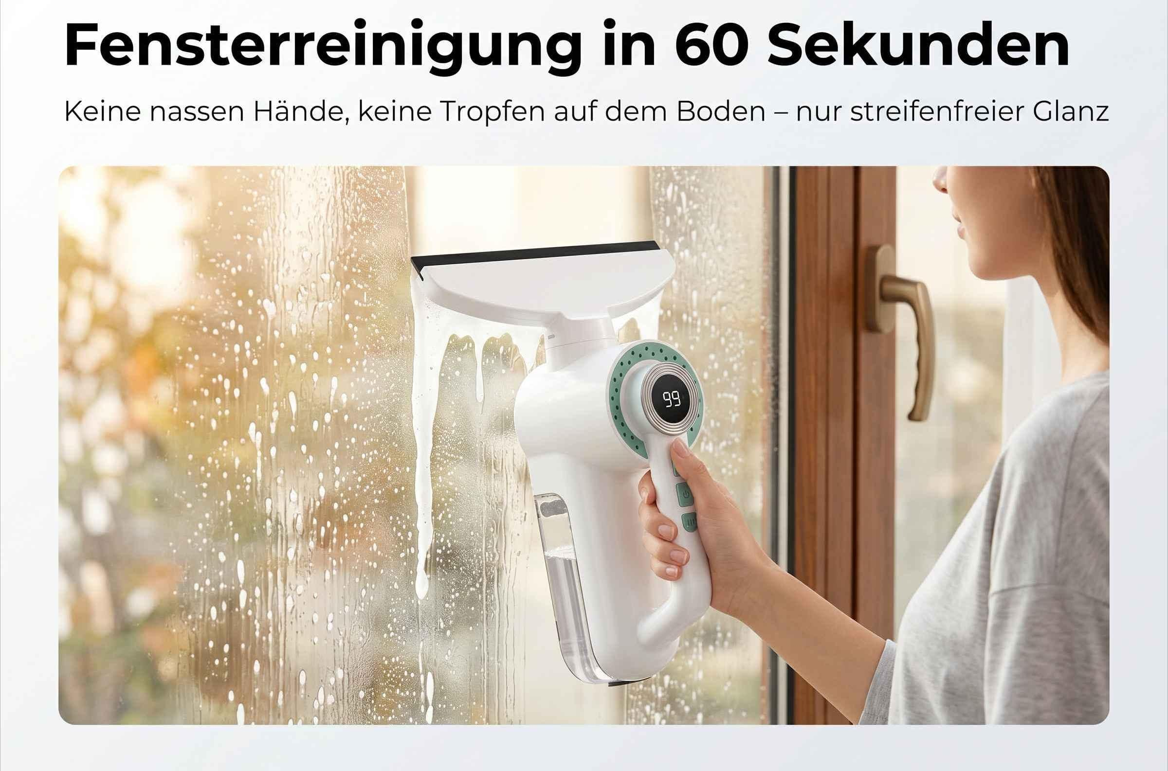Eine Person reinigt ein Fenster mit einem weißen Gerät, das Seifenwasser sprüht.