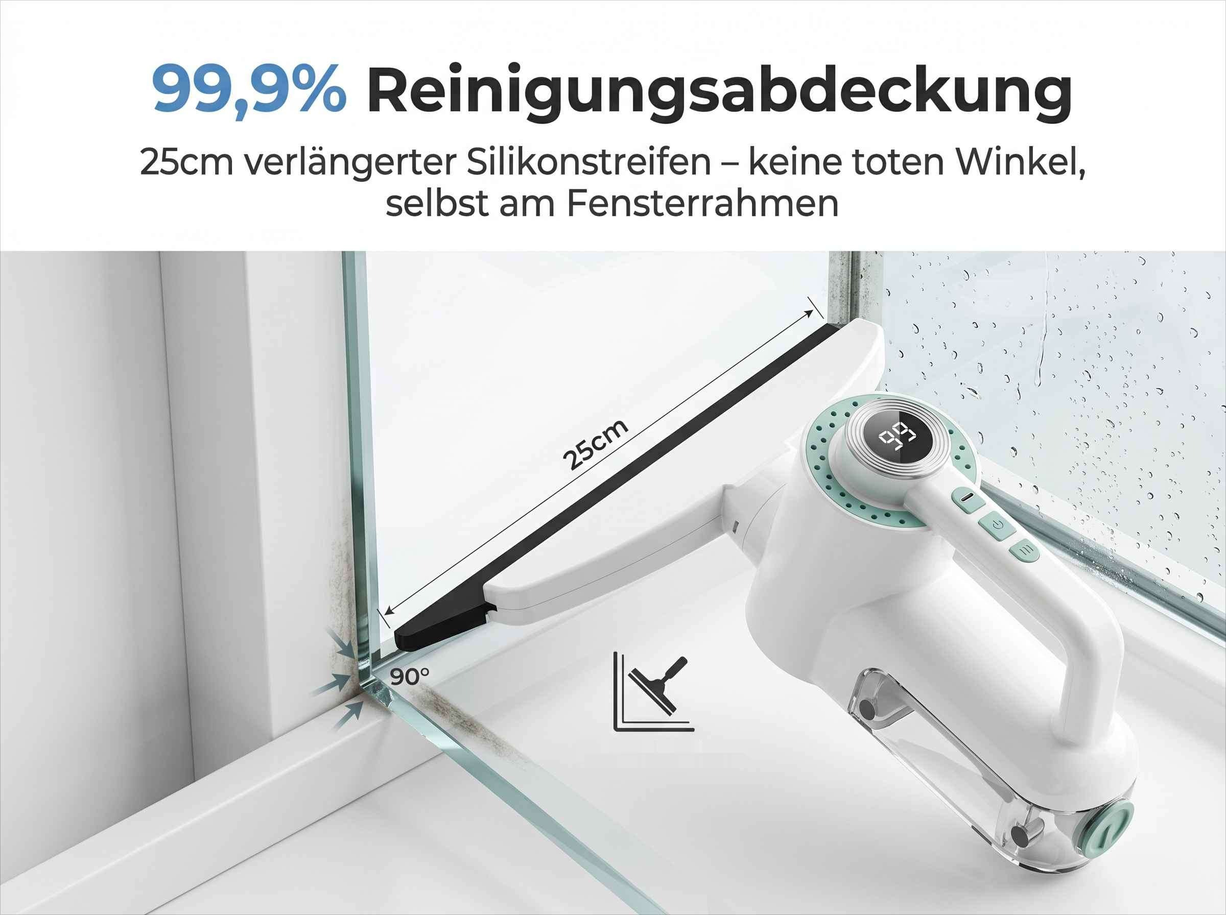 Ein weißer Fensterabzieher mit 25cm Silikonlippe reinigt eine Duschkabine.