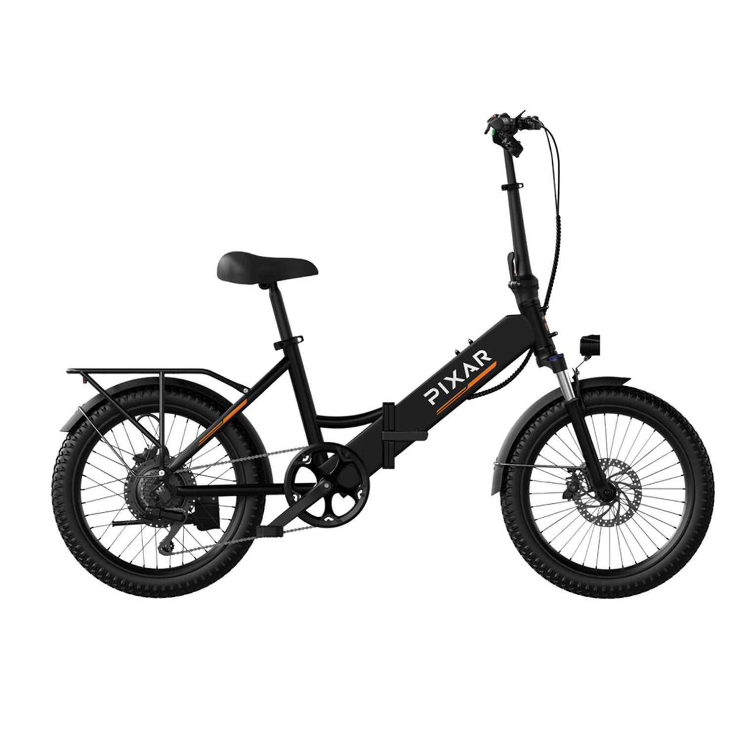 Una bicicleta eléctrica plegable negra con neumáticos anchos y frenos de disco.