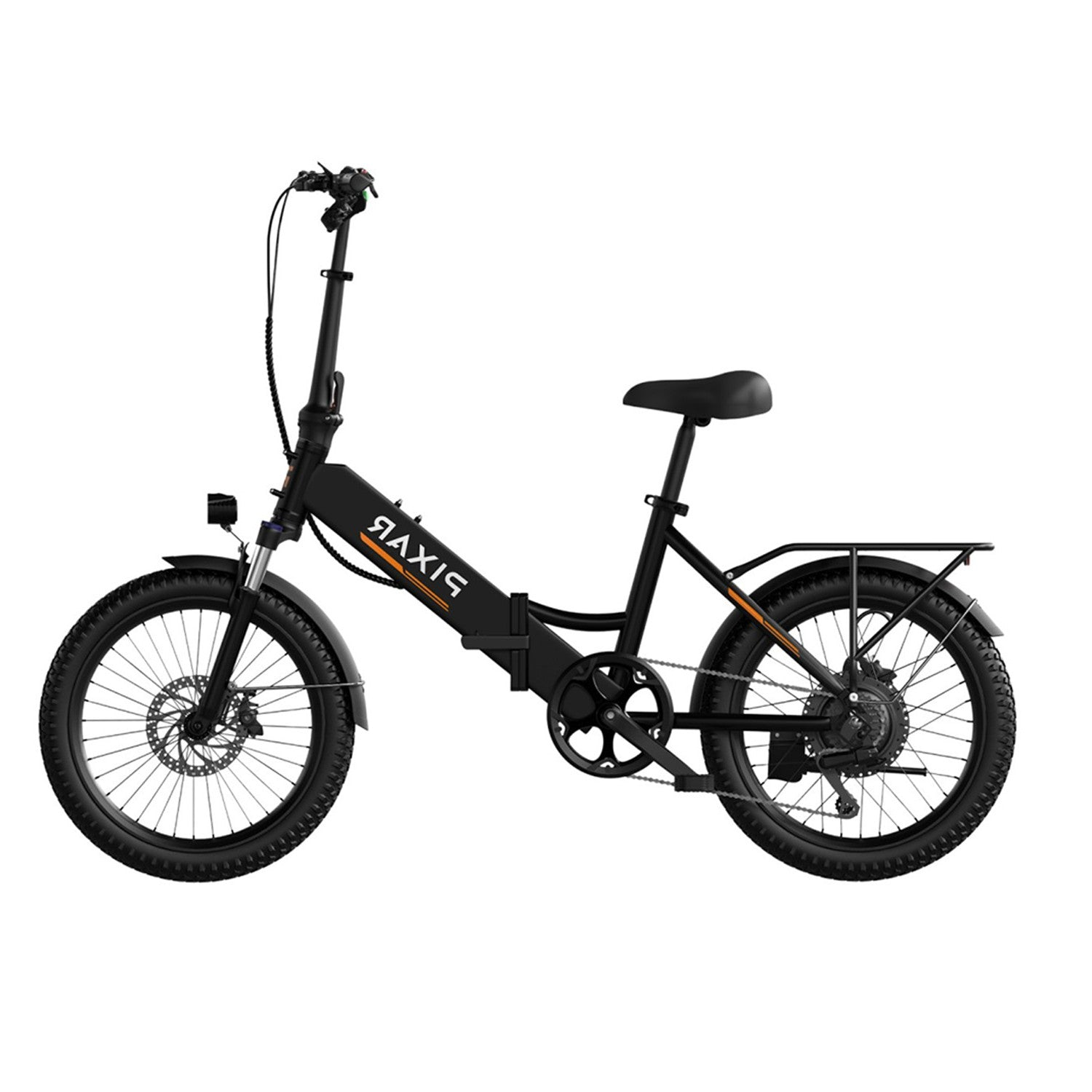 Bicicleta eléctrica plegable negra con neumáticos anchos, portaequipajes y luz delantera.