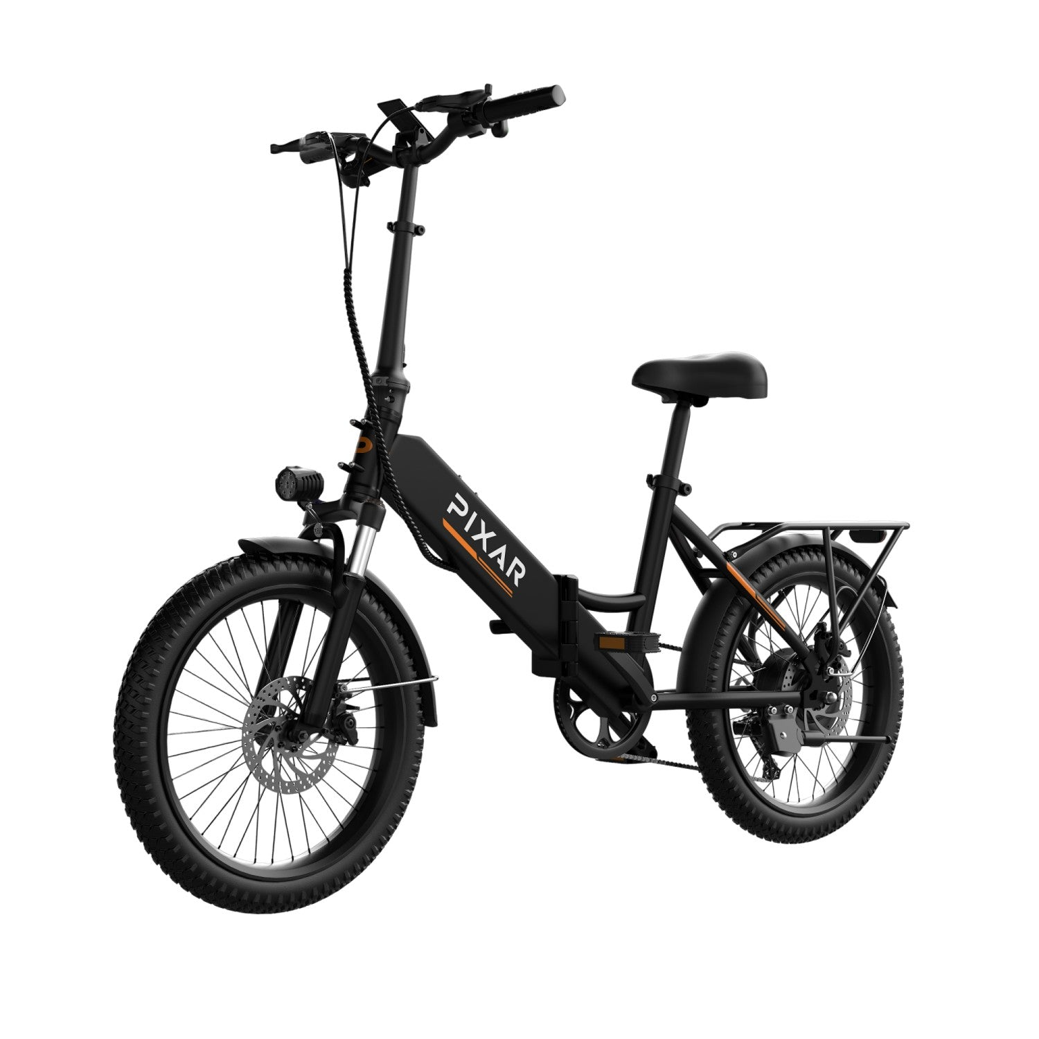 Una bicicleta eléctrica plegable negra con neumáticos anchos y portaequipajes.