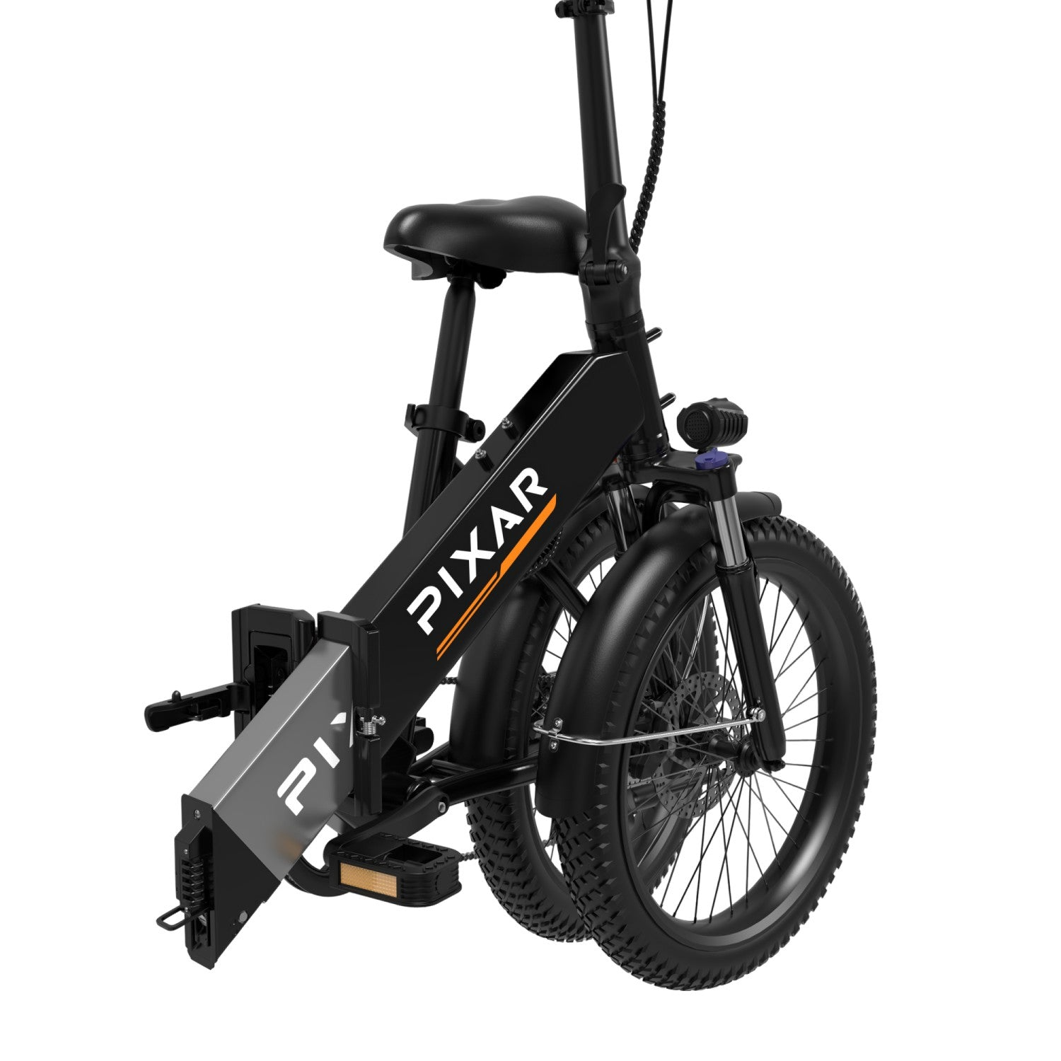 Una bicicleta eléctrica plegable negra con neumáticos anchos, de pie.