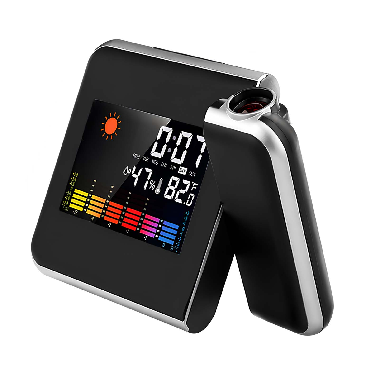 Une horloge à projection numérique affiche 0:07, 47% d'humidité et 82.5°F.
