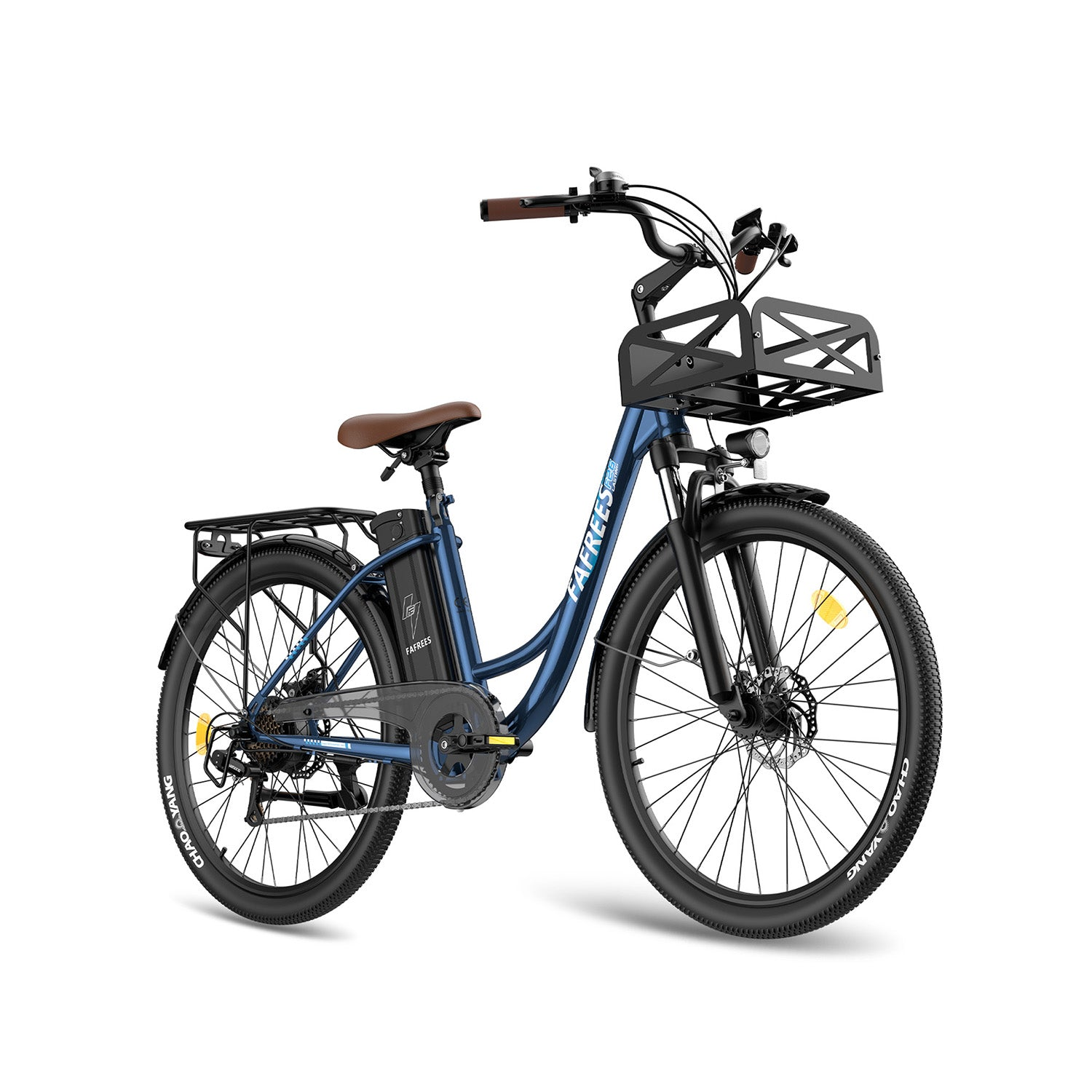 E-bike blu con sella marrone, portapacchi anteriore e posteriore.