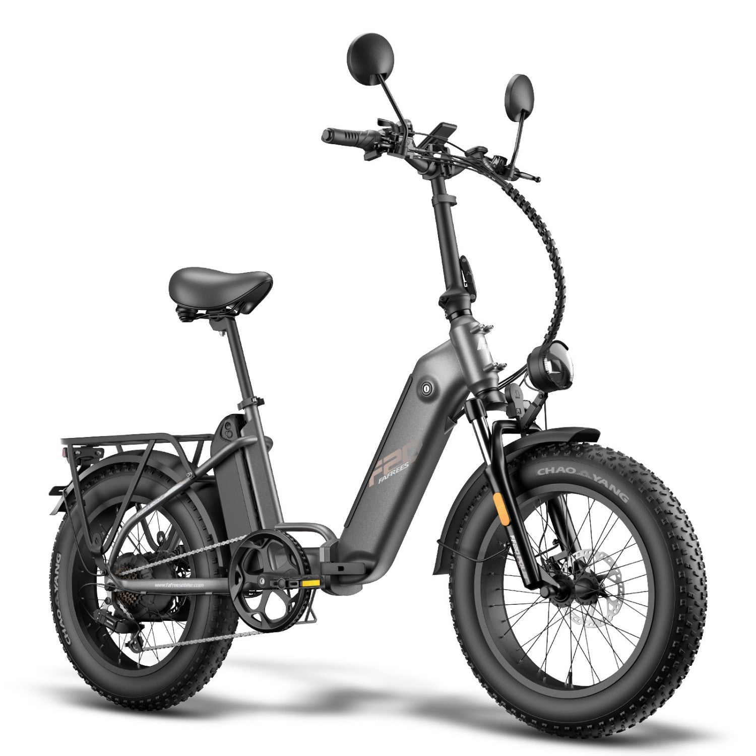 Graues Klapprad mit dicken Reifen, Gepäckträger und zwei Spiegeln.