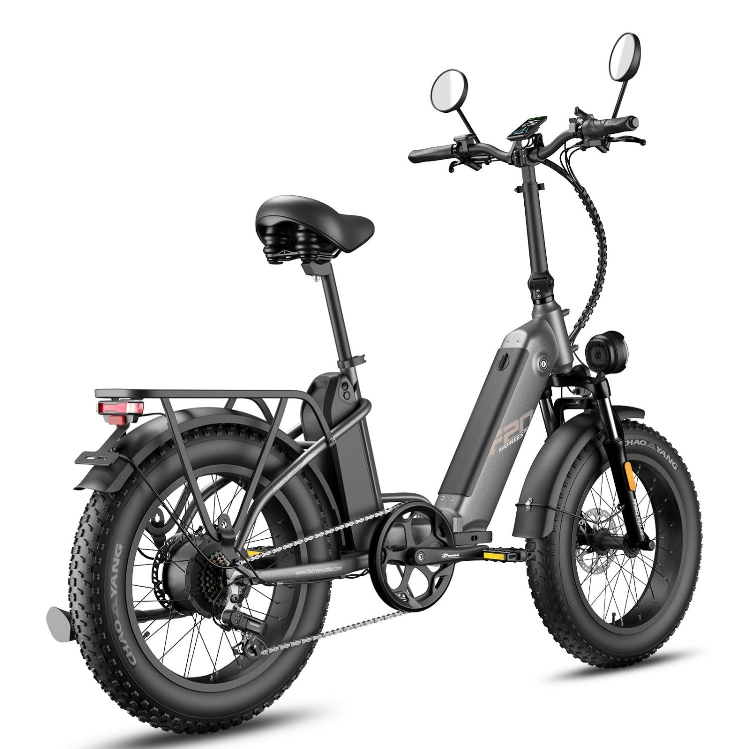 Graues E-Bike mit fetten Reifen, Gepäckträger, Scheinwerfer und Spiegel.