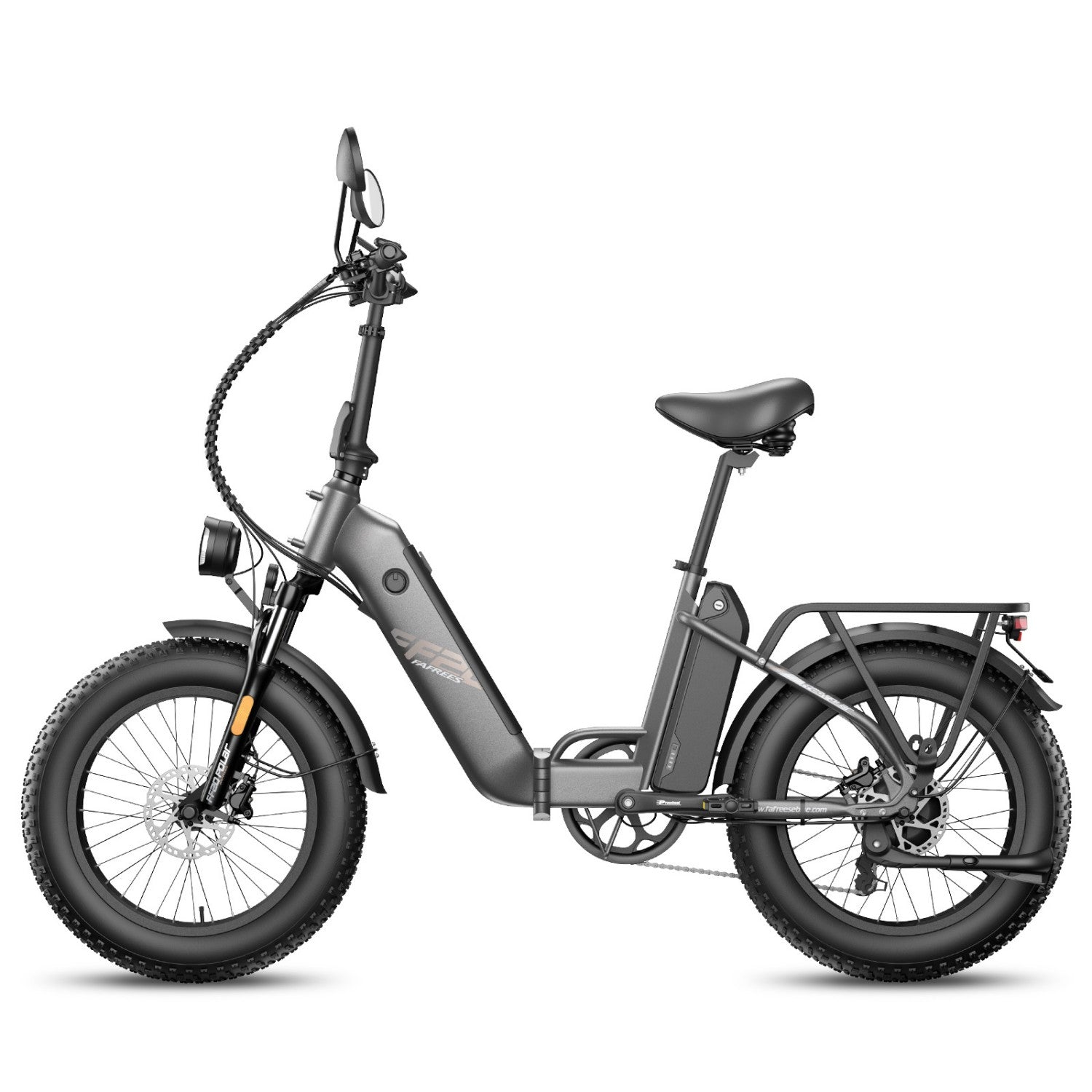 Graues E-Bike mit dicken Reifen, Gepäckträger und Spiegel.