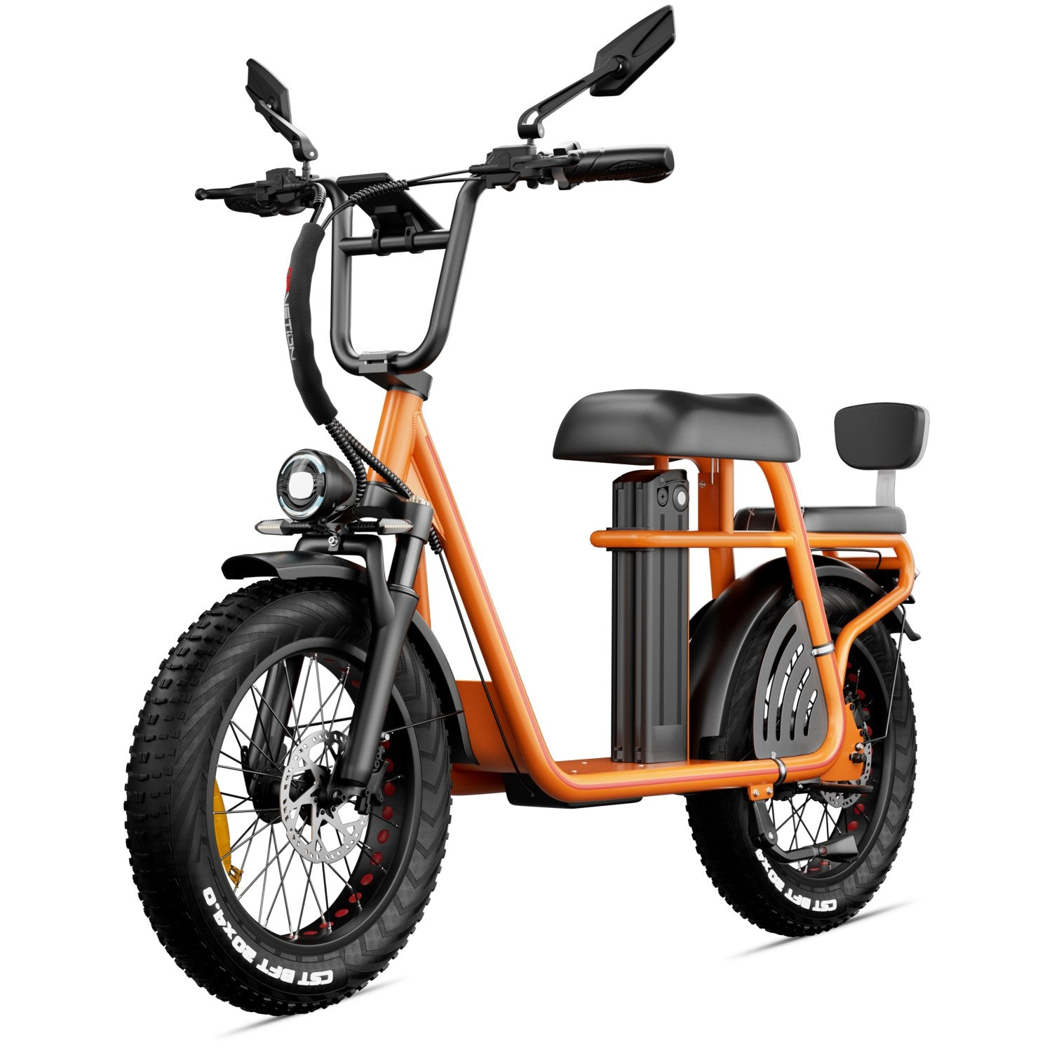 Bicicleta eléctrica naranja con neumáticos anchos, asiento negro y portaequipajes.
