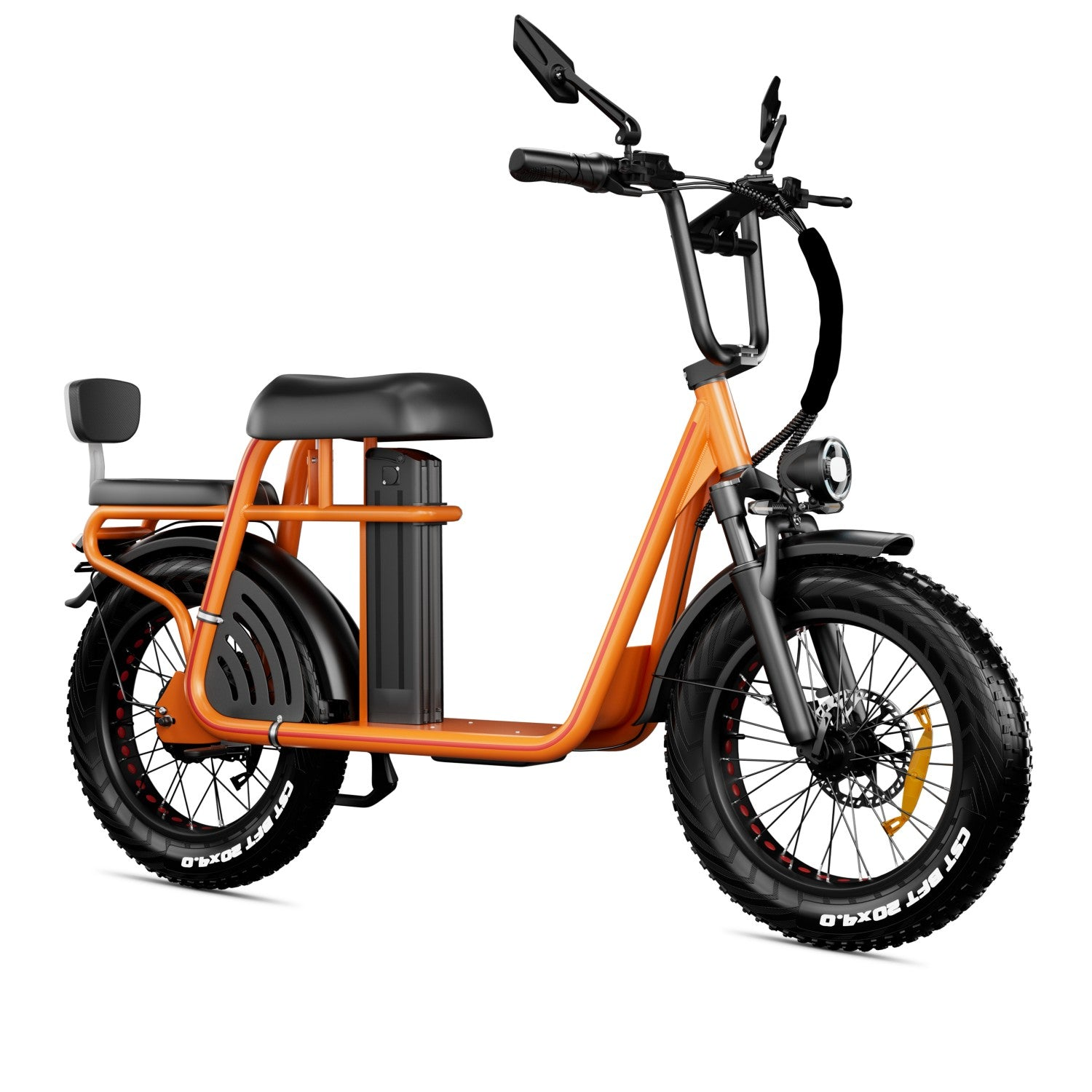 Un patinete eléctrico naranja de llantas anchas con asiento y batería negros.