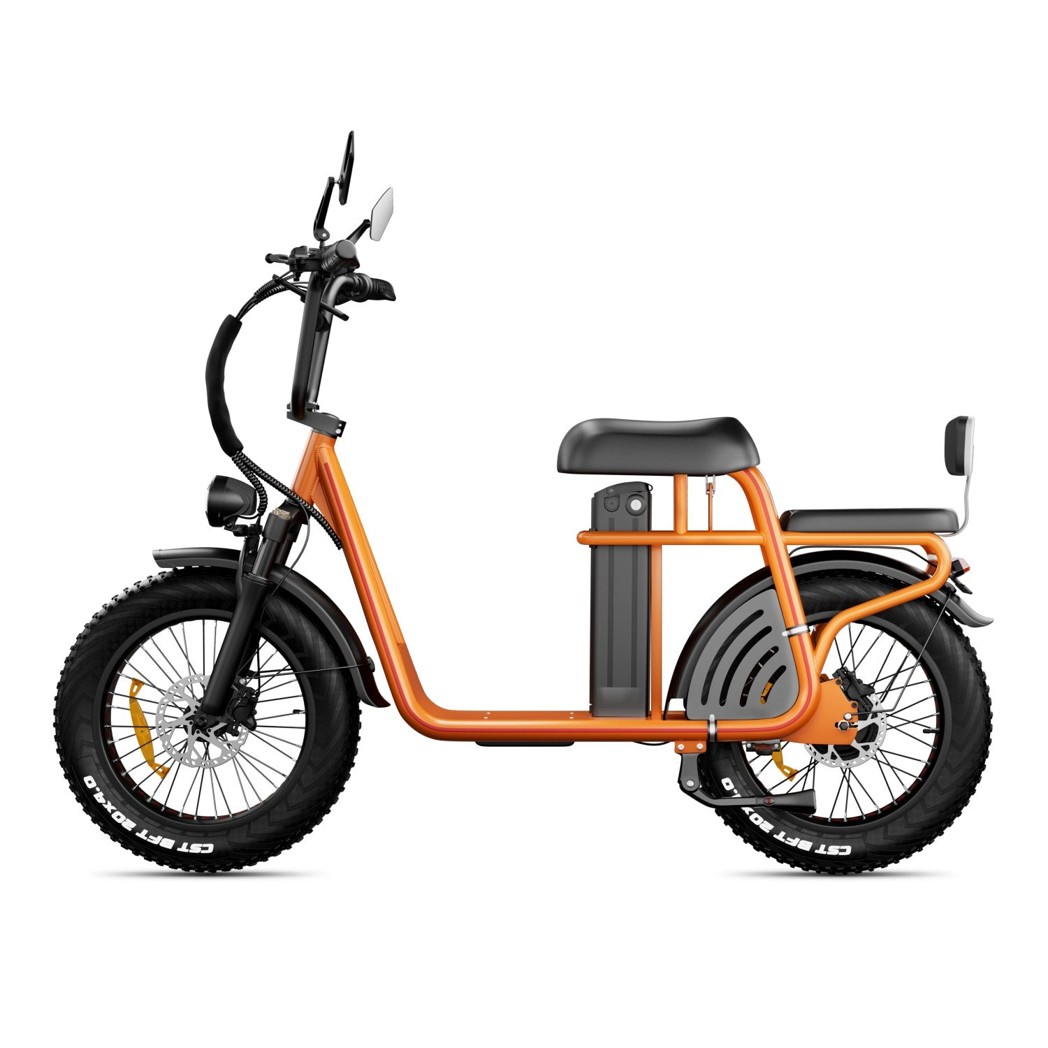 Un scooter eléctrico naranja con neumáticos anchos, asiento negro y paquete de baterías.