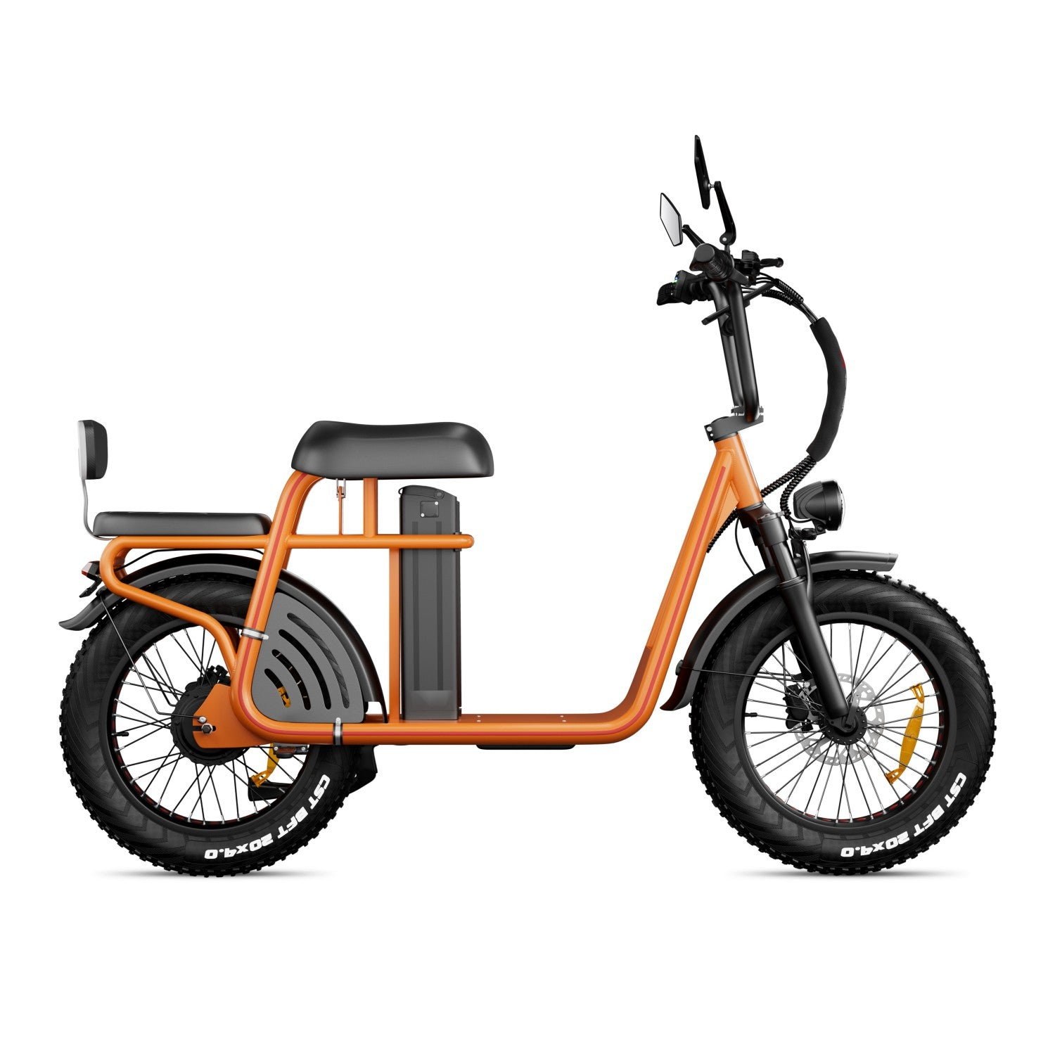 Scooter eléctrico naranja con neumáticos anchos, asiento negro y portaequipajes.