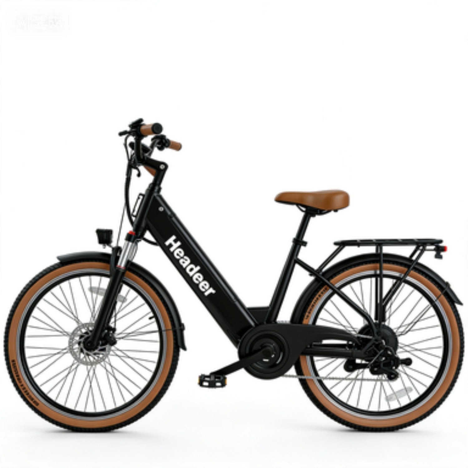 Bicicleta eléctrica negra con sillín y manillar marrones y neumáticos beige.