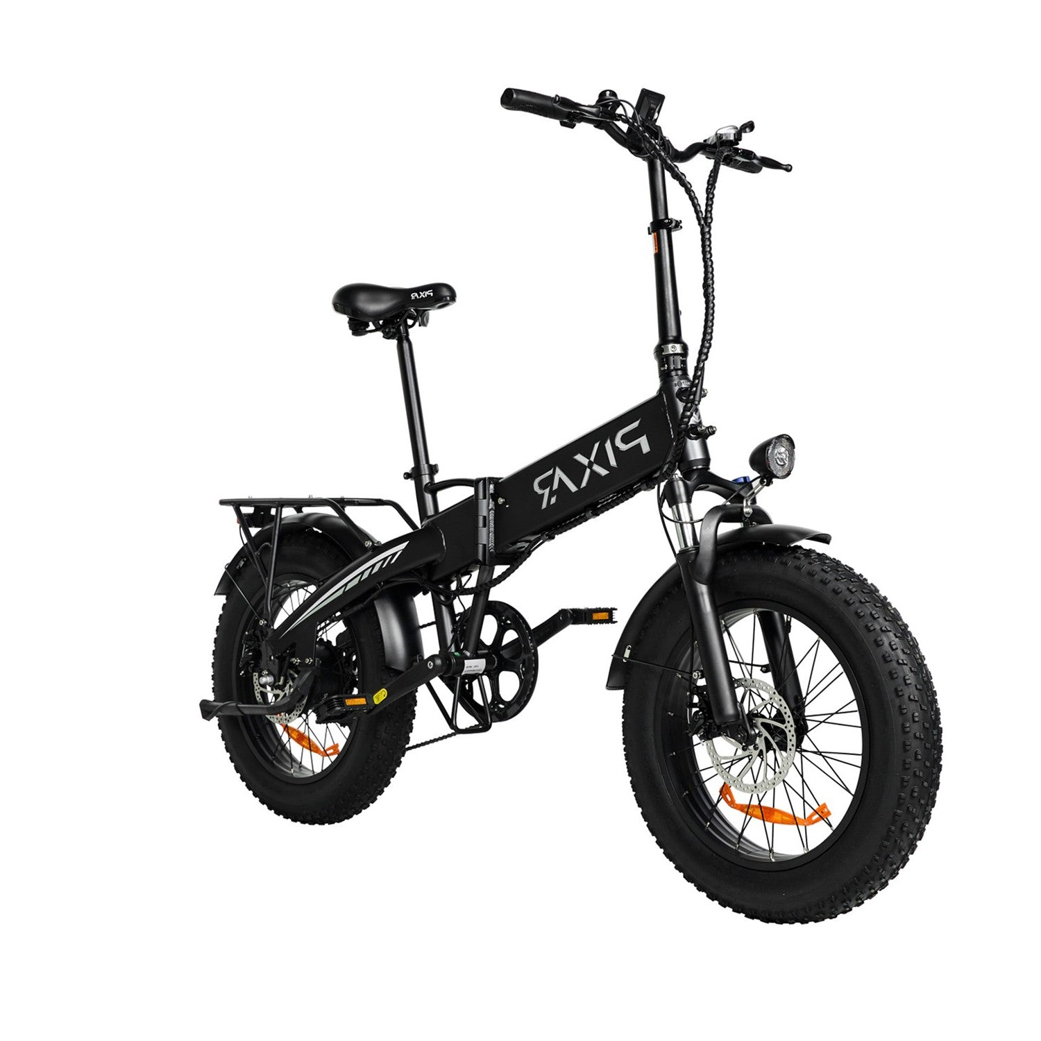 Bicicleta eléctrica plegable negra con neumáticos anchos, portaequipajes y faro.