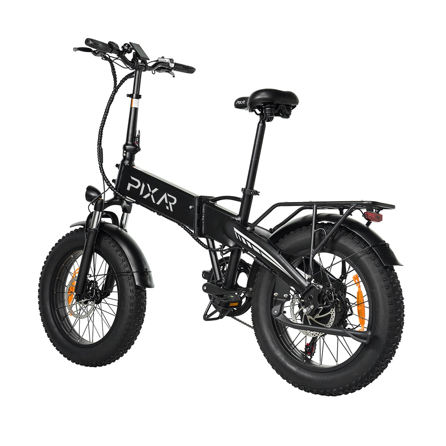 Bicicleta eléctrica plegable negra con neumáticos anchos, portaequipajes y frenos de disco.
