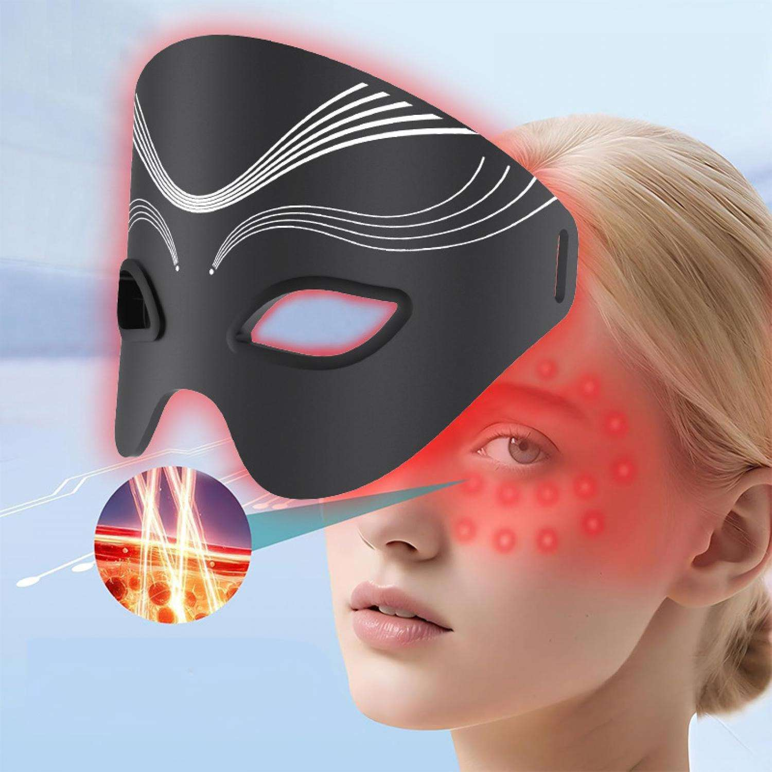 Schwarze Maske mit weißen Linien auf dem Gesicht einer Frau, die Rotlichttherapie zeigt.