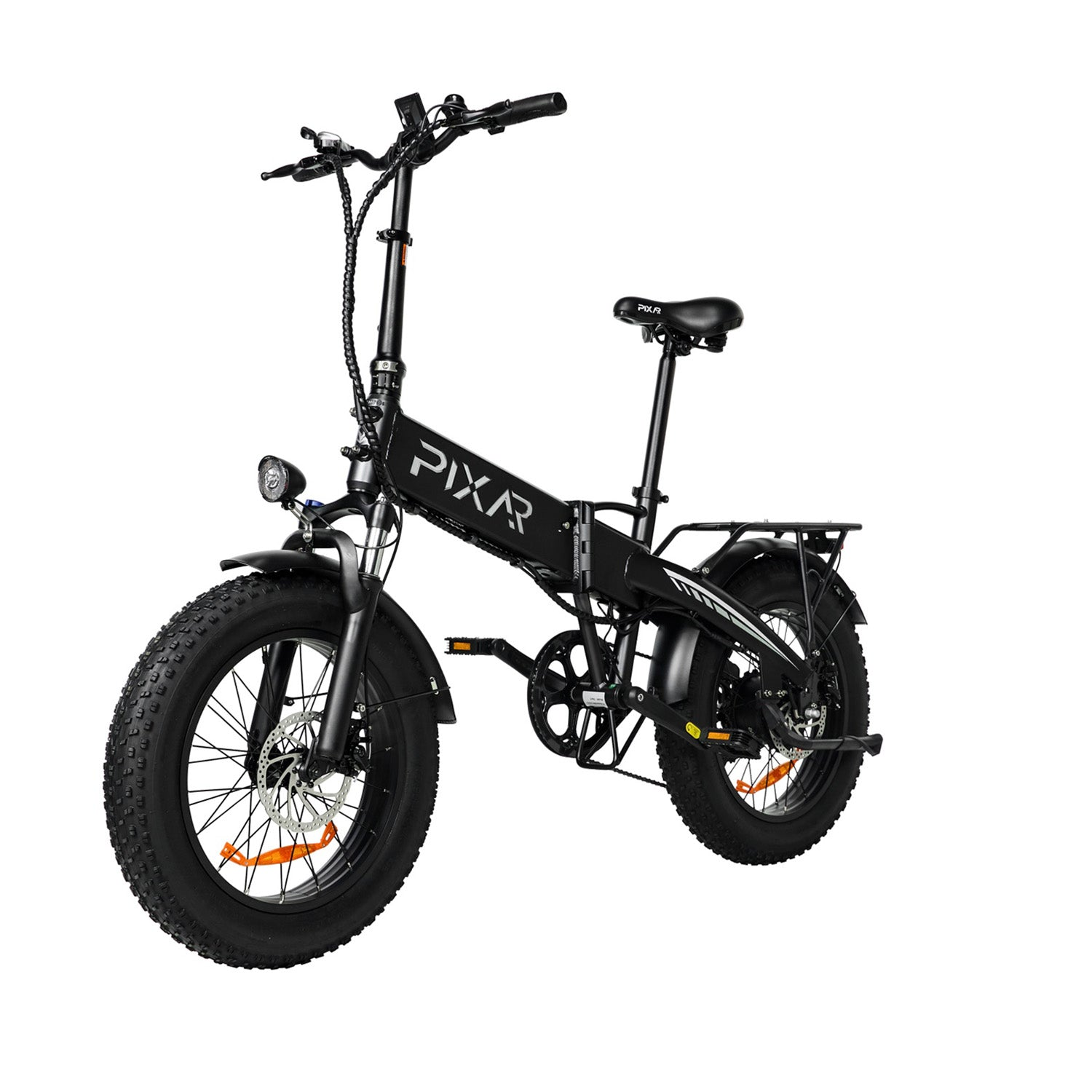 Bicicleta eléctrica plegable negra con llantas anchas, luz delantera y portaequipajes.