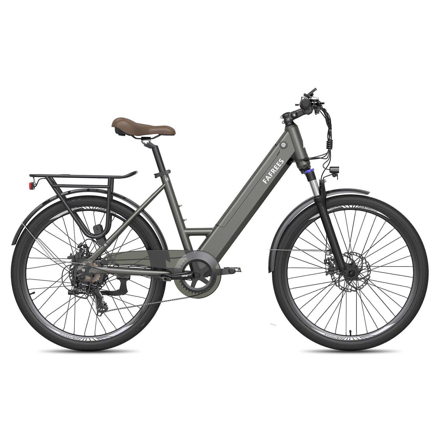 Bicicletta elettrica grigia con sella marrone, portapacchi e freni a disco.
