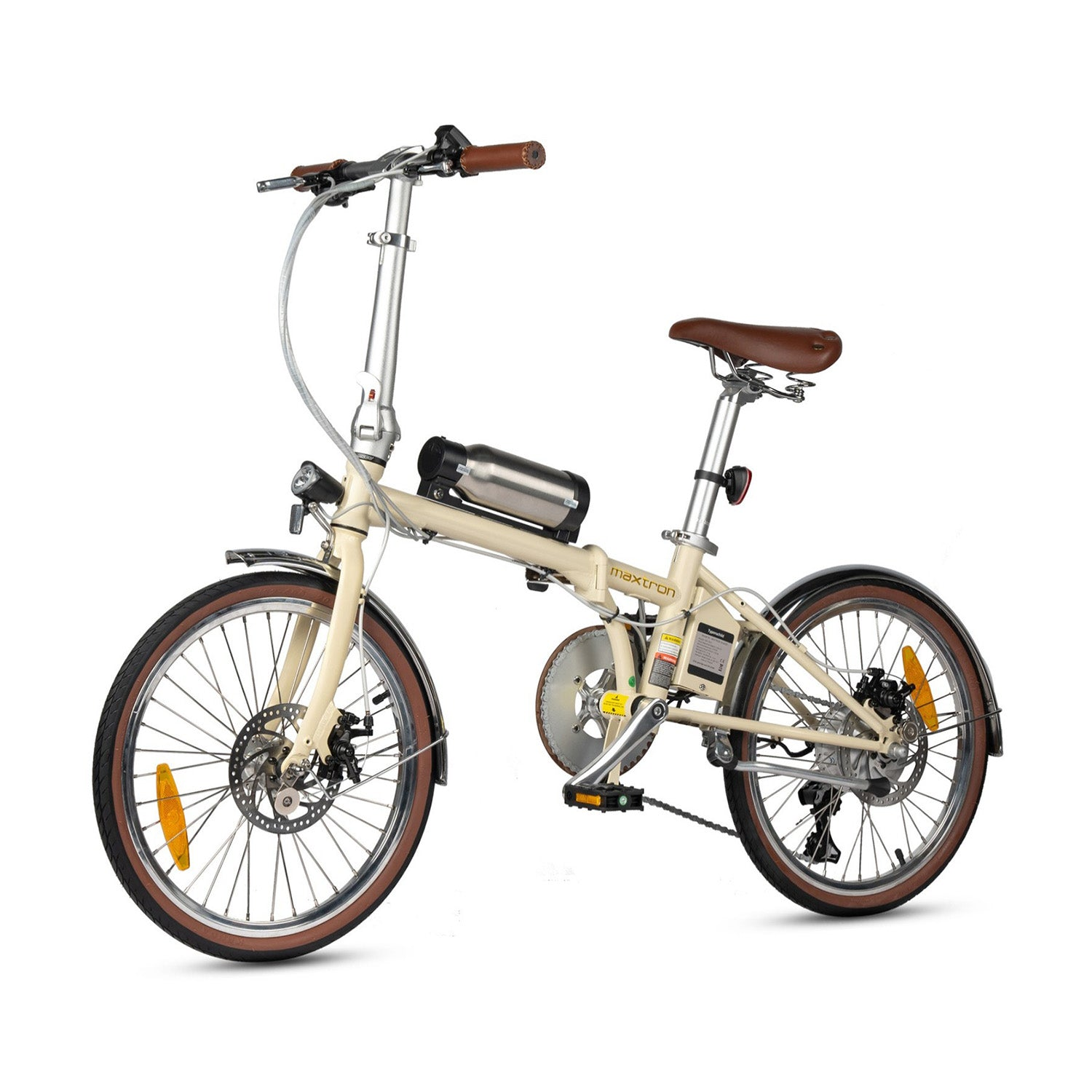 Ein cremefarbenes faltbares Elektrofahrrad mit braunen Akzenten, auf weißem Hintergrund.