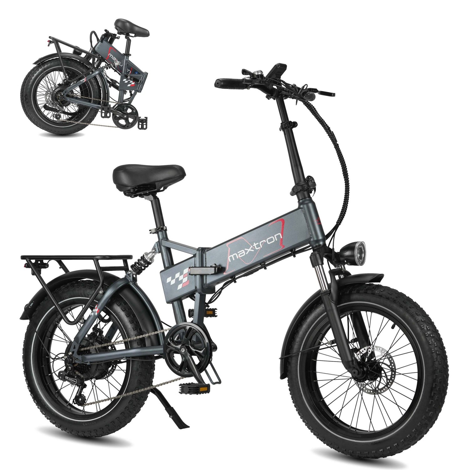 Bicicletta elettrica pieghevole grigia con pneumatici larghi, portapacchi e faro.
