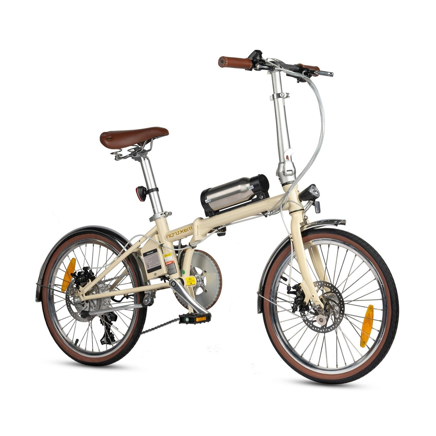 Ein cremefarbene faltbares Fahrrad mit braunen Akzenten und einem silbernen Flaschenhalter.