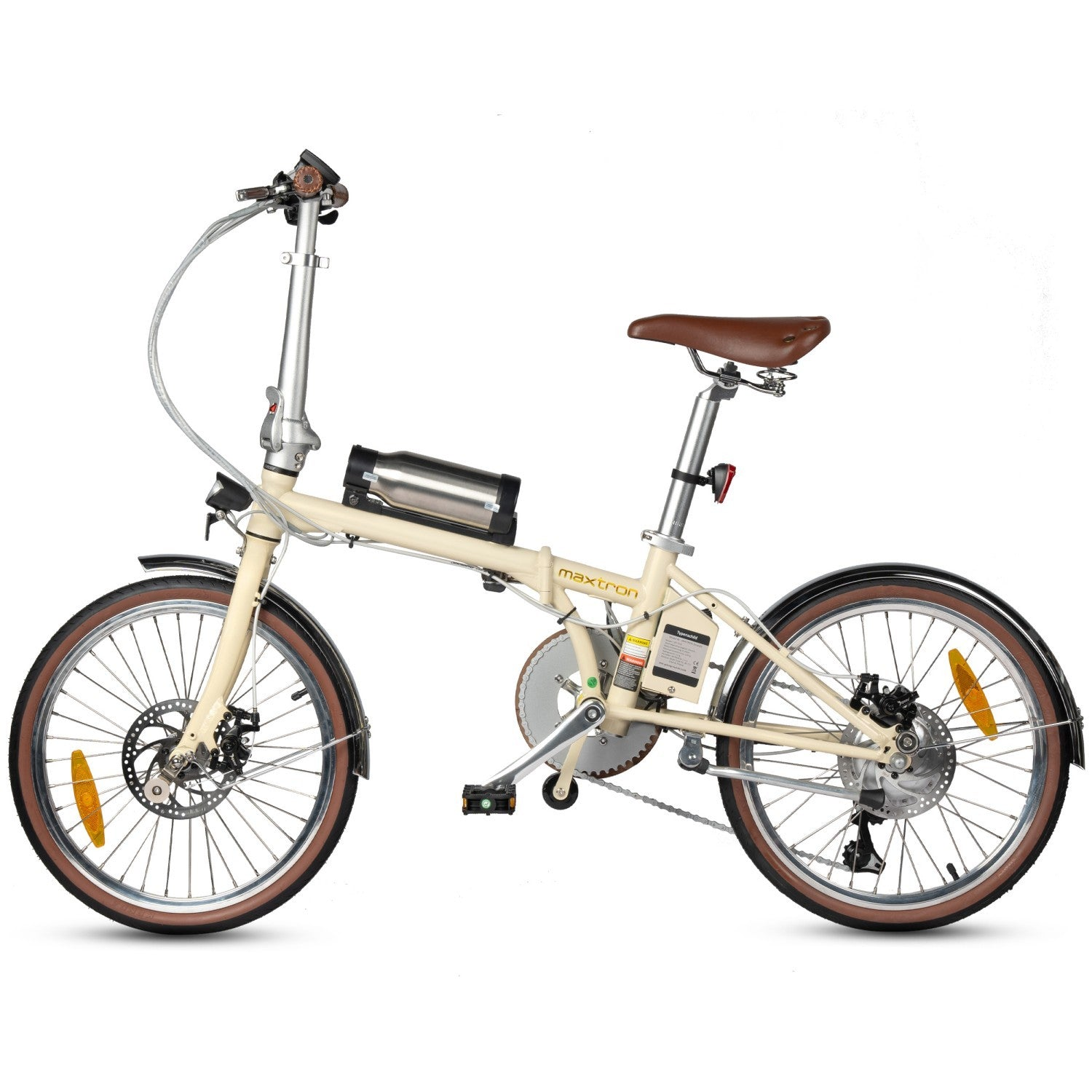 Ein cremefarbenes faltbares E-Bike mit braunem Sattel und braunen Reifen.