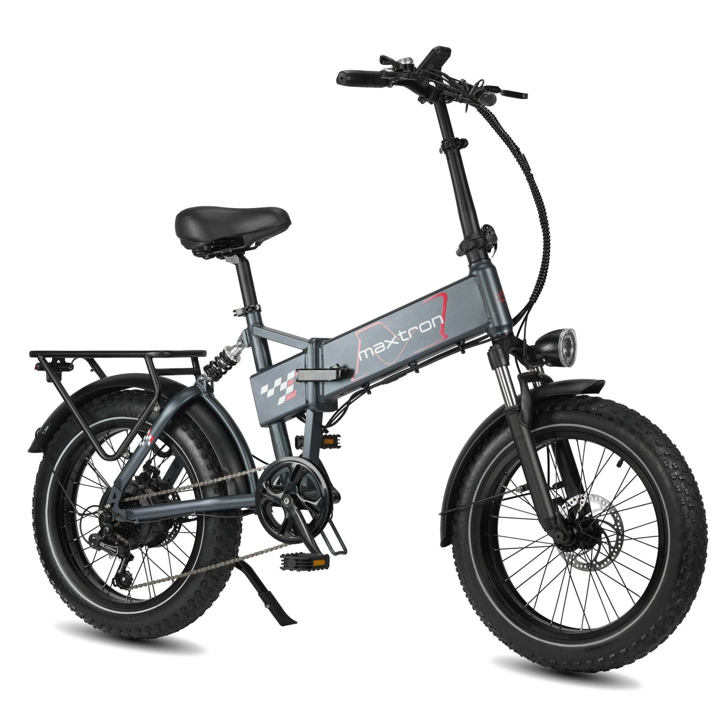 Una bicicletta elettrica pieghevole grigia con pneumatici larghi, portapacchi e faro.