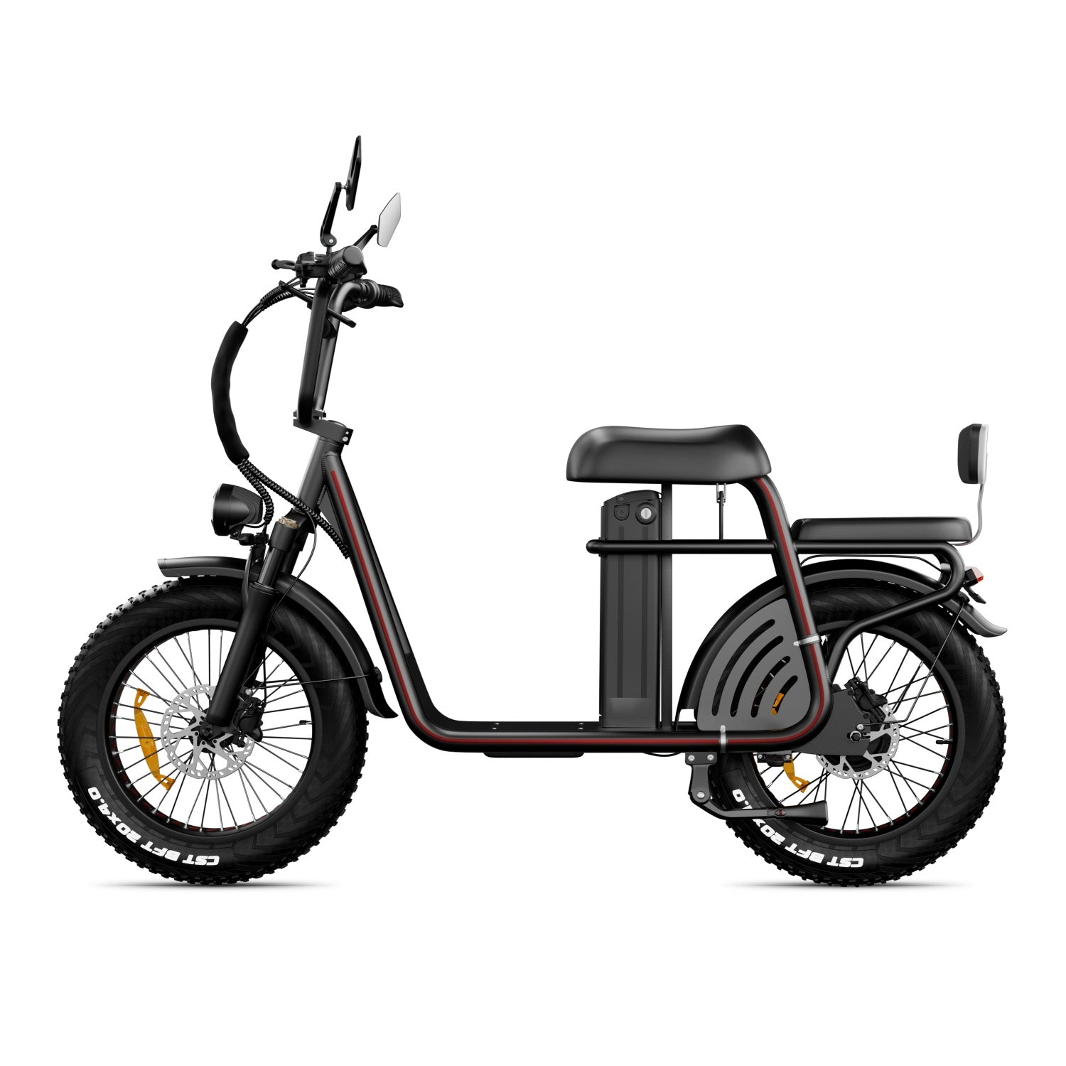 Scooter eléctrico negro con llantas anchas, asiento negro y batería.
