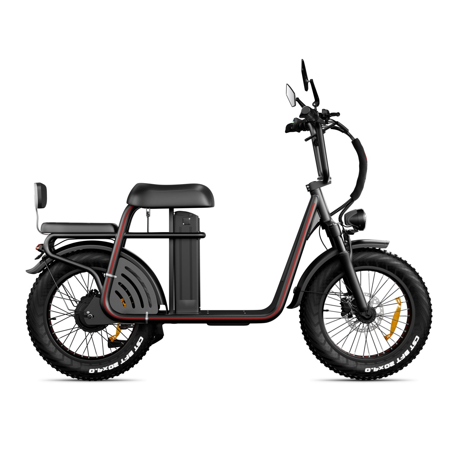 Scooter eléctrico negro con ruedas anchas, asiento doble y paquete de baterías.