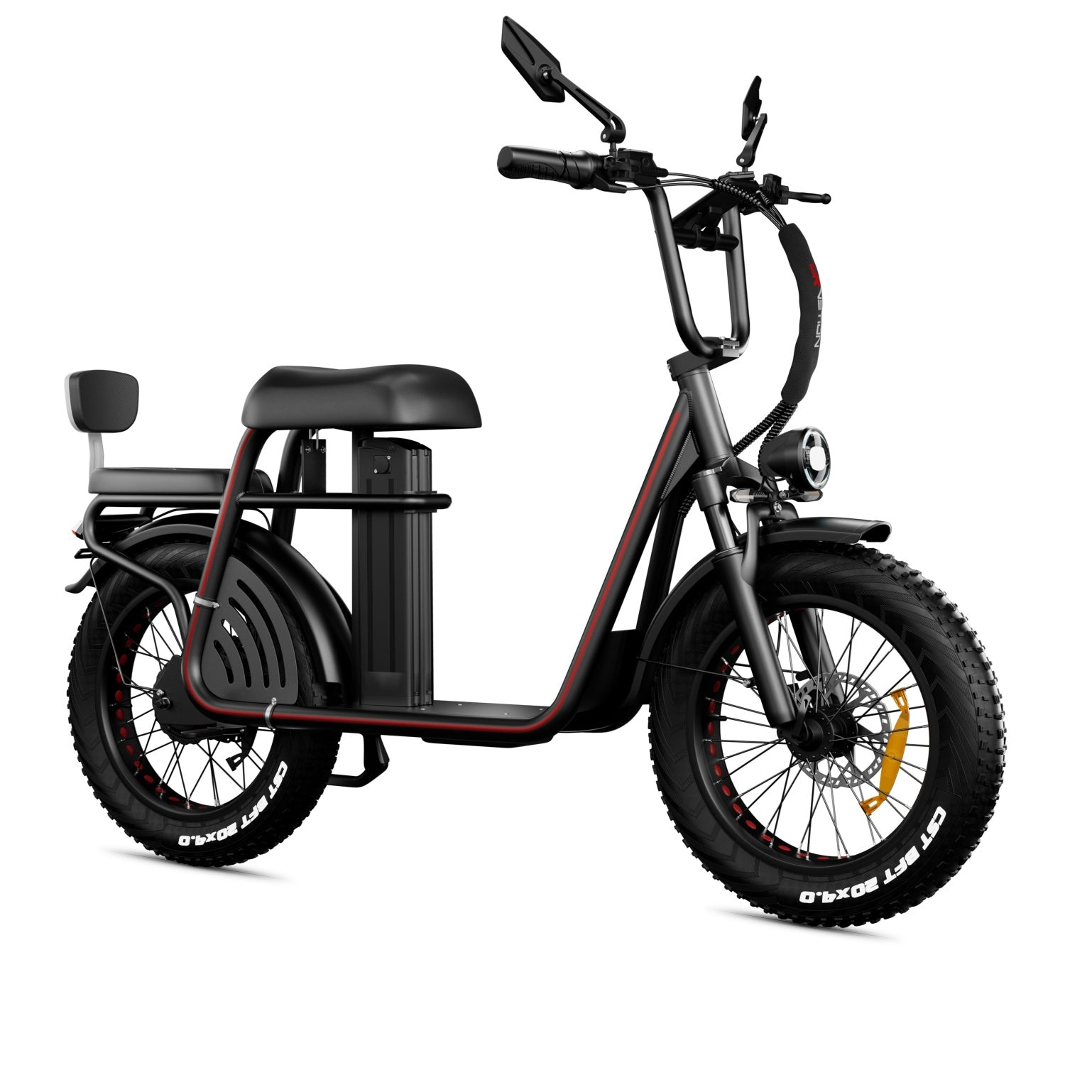 Una bicicleta eléctrica negra con ruedas anchas, asiento y espejos retrovisores.