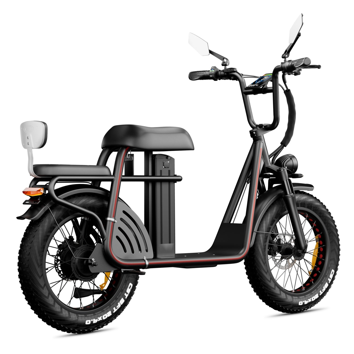 Patinete eléctrico negro con neumáticos anchos, asiento, manillar y espejos.