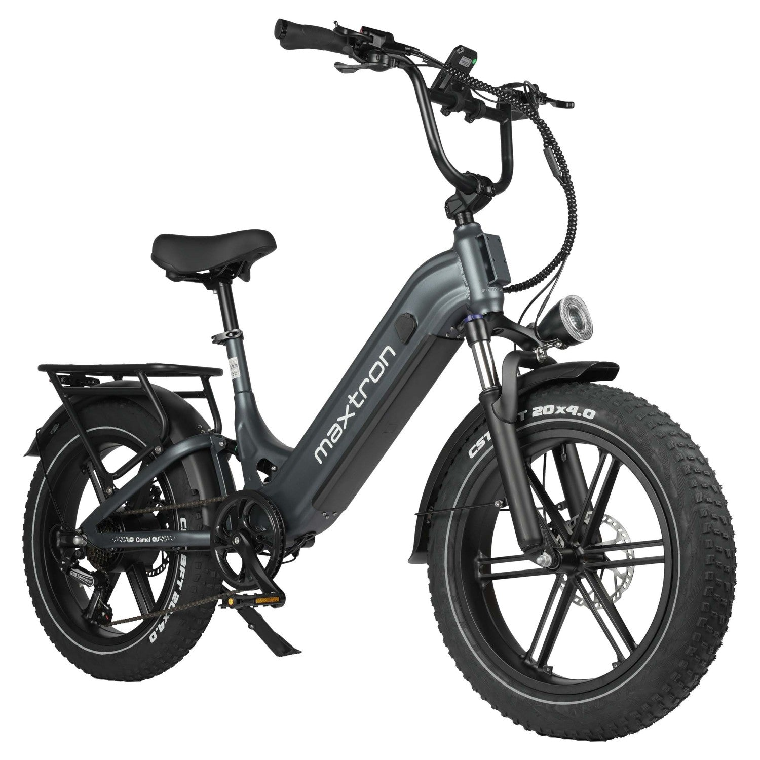Bici elettrica grigia con pneumatici larghi, portapacchi posteriore.