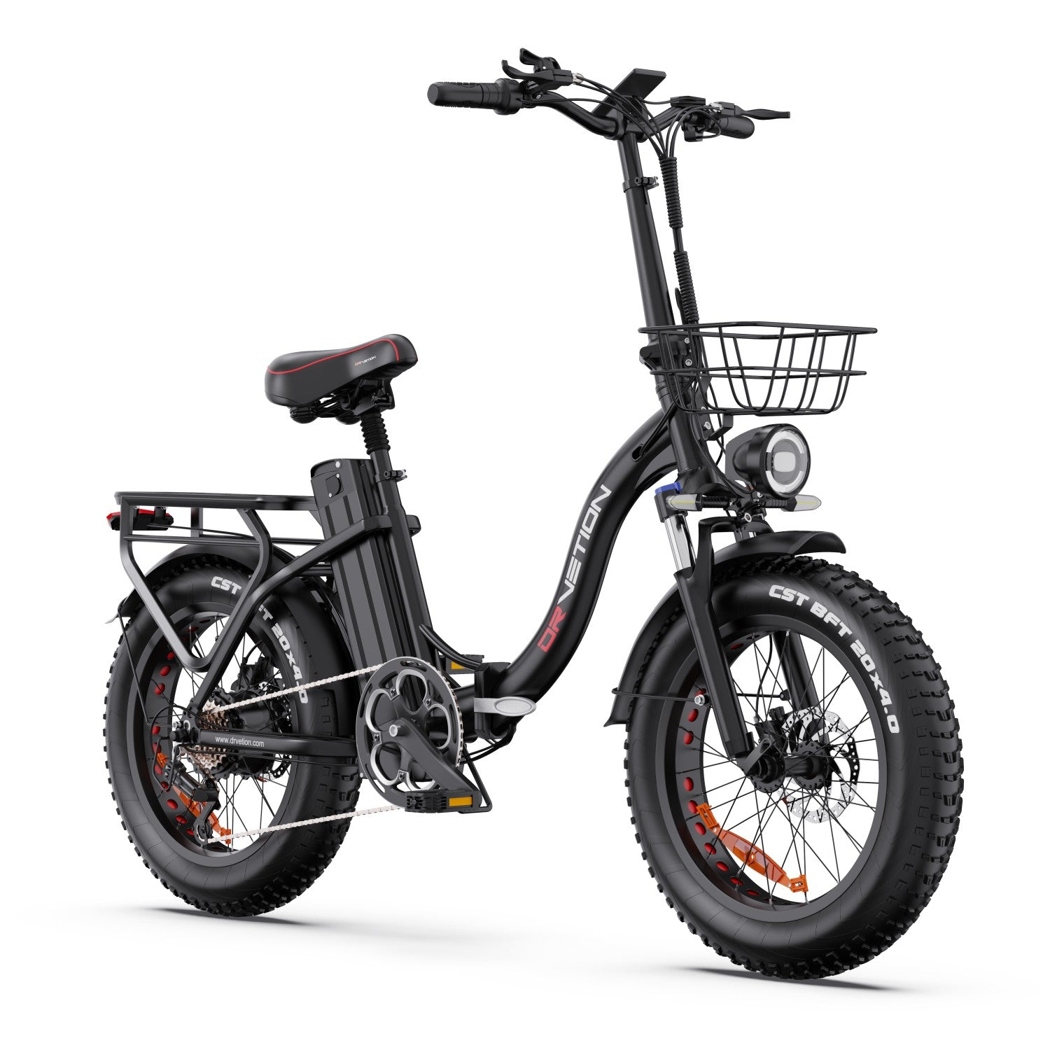 Bicicleta eléctrica negra con neumáticos anchos, cesta delantera y portaequipajes trasero.