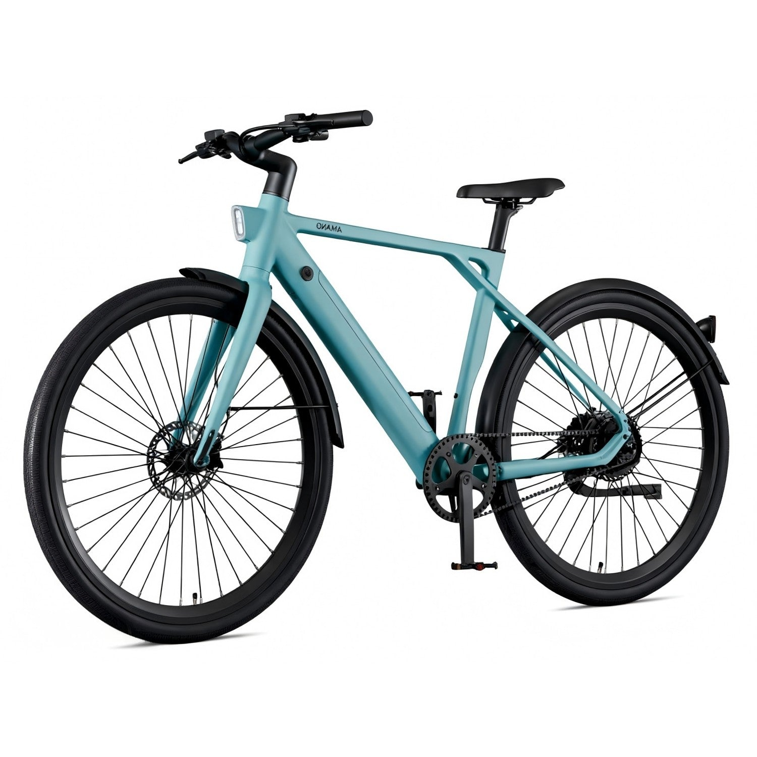 Una bicicleta azul verdoso con ruedas y llantas negras, frenos de disco y luz integrada.