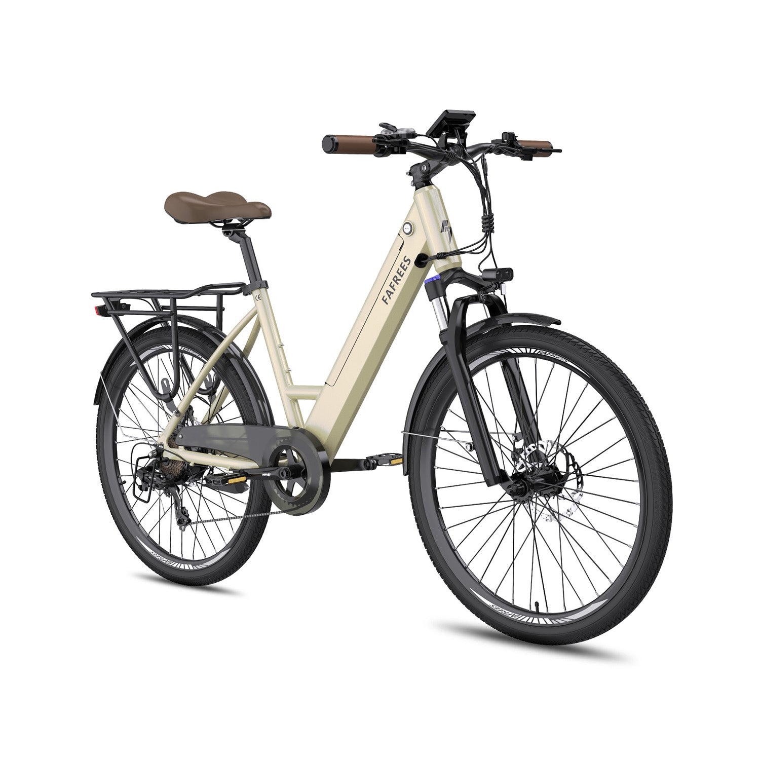 Una bicicletta elettrica beige con sella e portapacchi marroni.