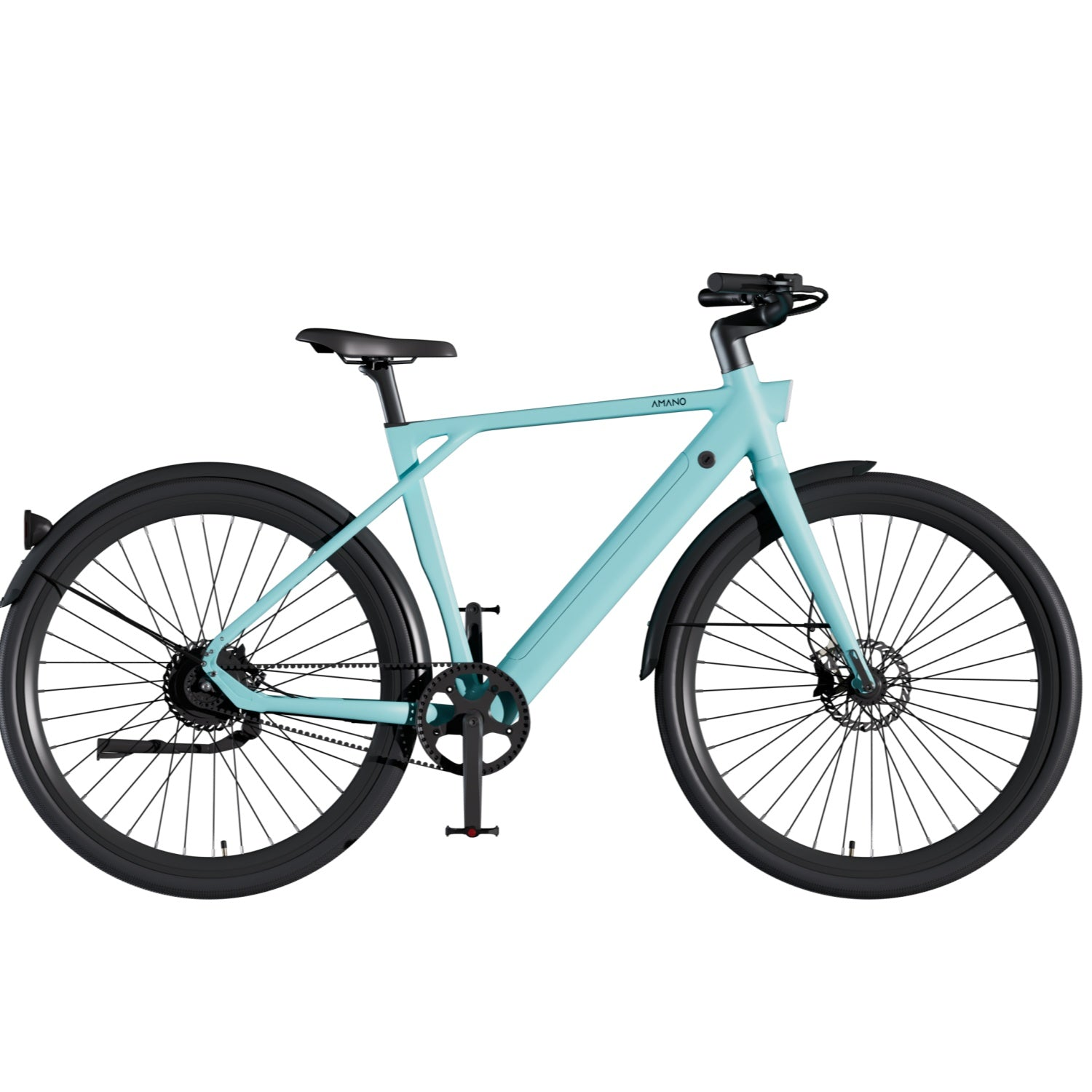 Una bicicleta turquesa con ruedas y llantas negras, fondo blanco.
