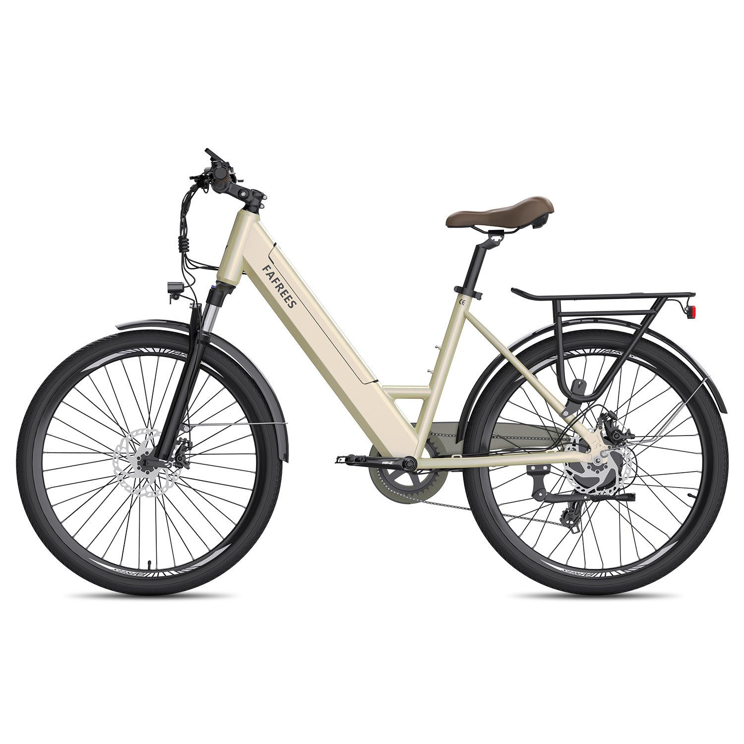 Bicicletta elettrica beige con portapacchi, sella marrone e pneumatici neri.