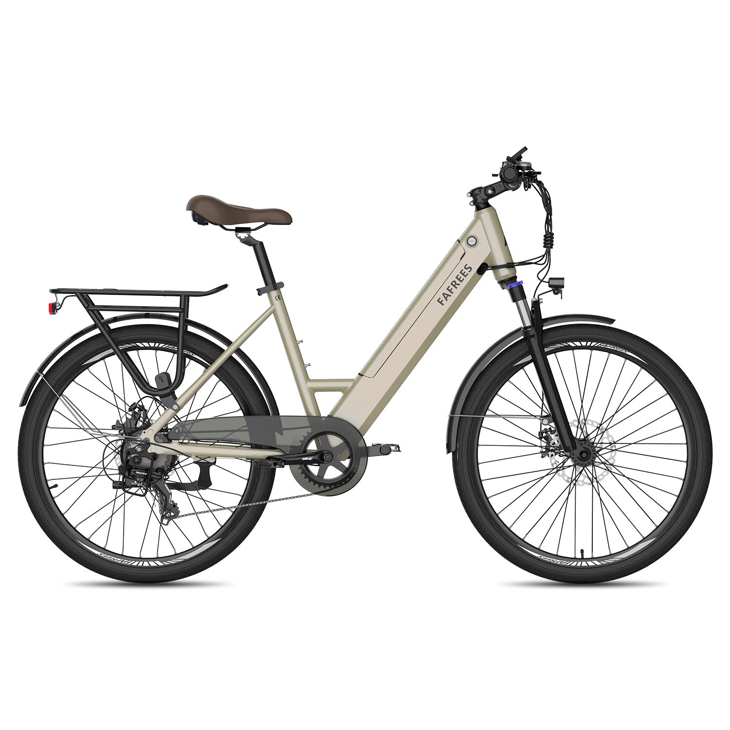 Una bicicletta elettrica beige con sella marrone e portapacchi posteriore.