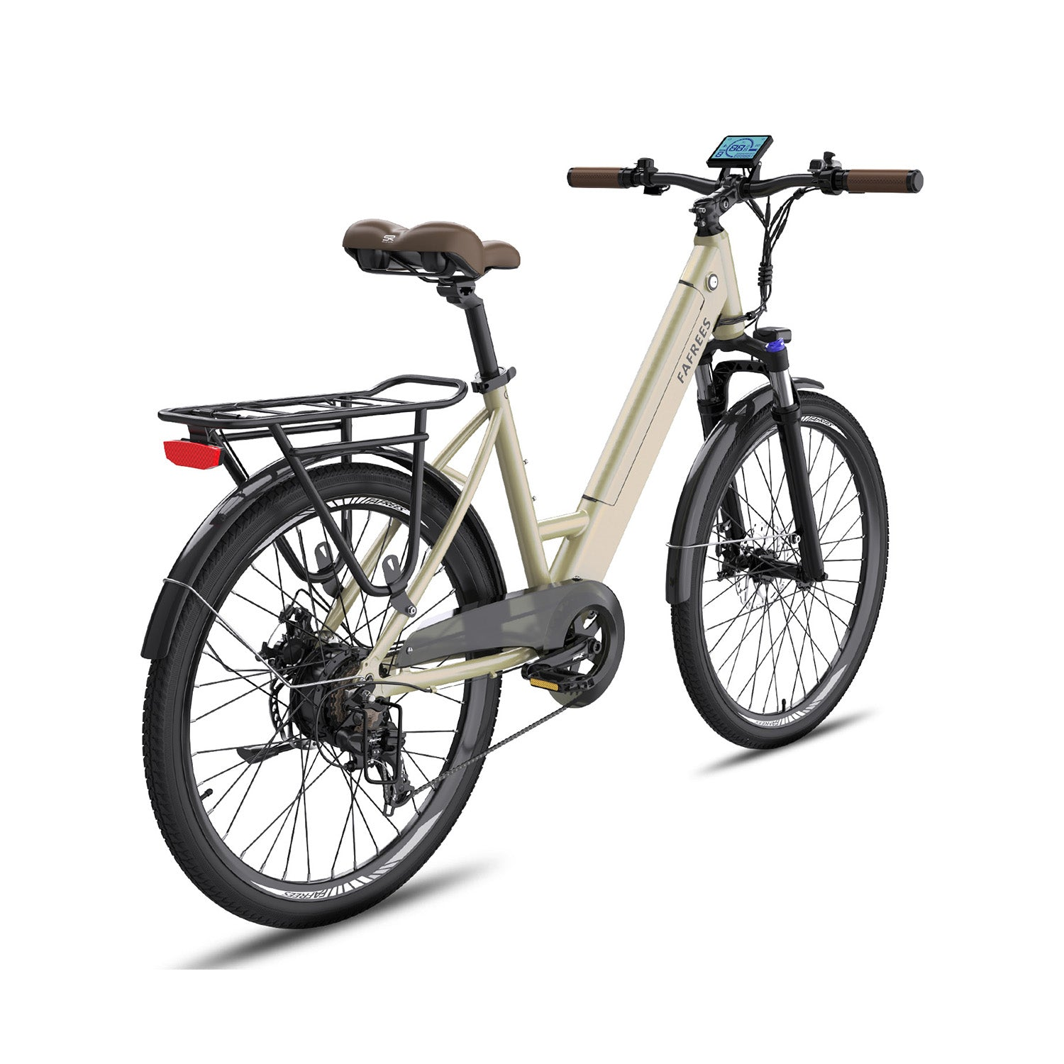Una bici elettrica beige con sella, portapacchi e display marroni.