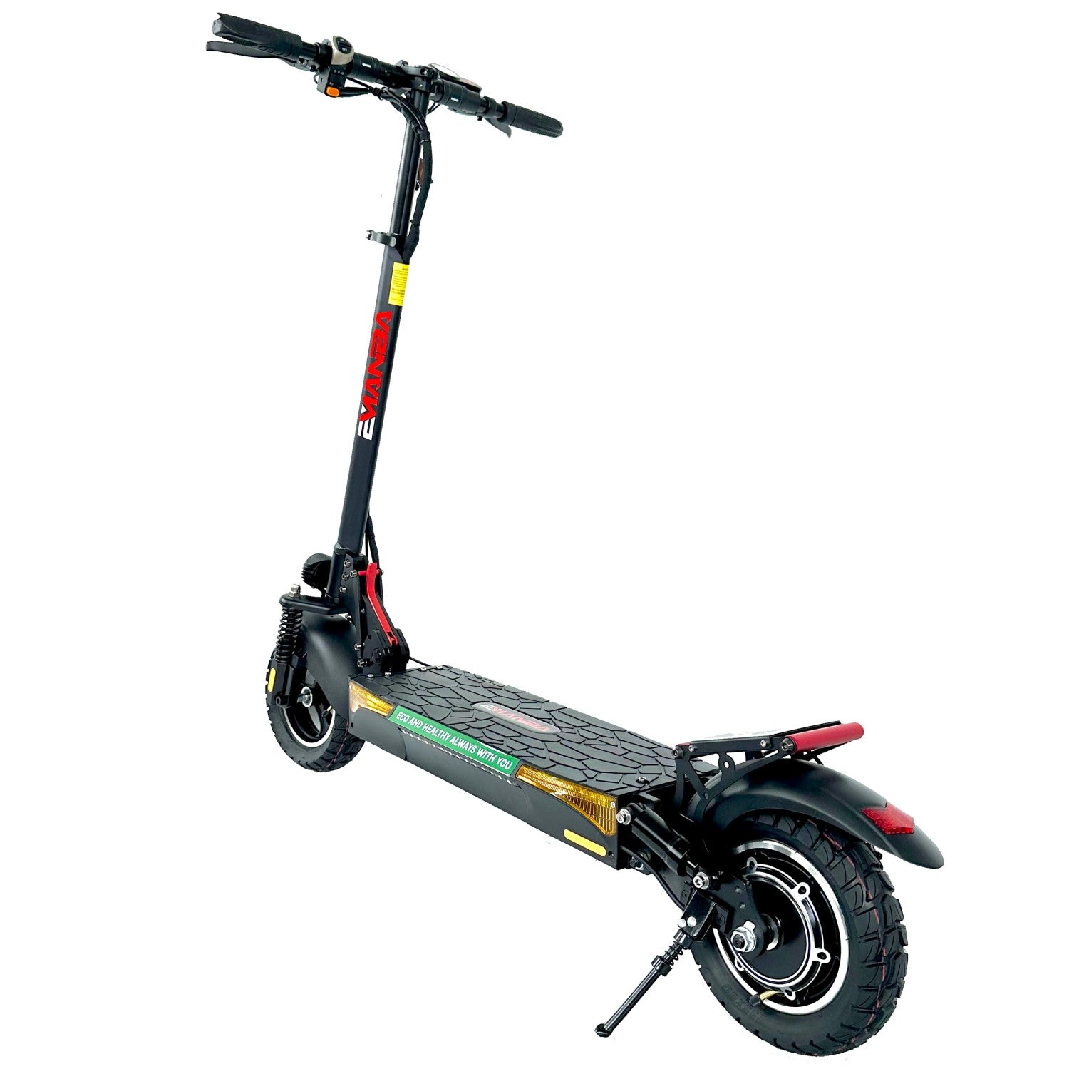 Monopattino elettrico nero con accenti rossi e battistrada largo, su sfondo bianco.