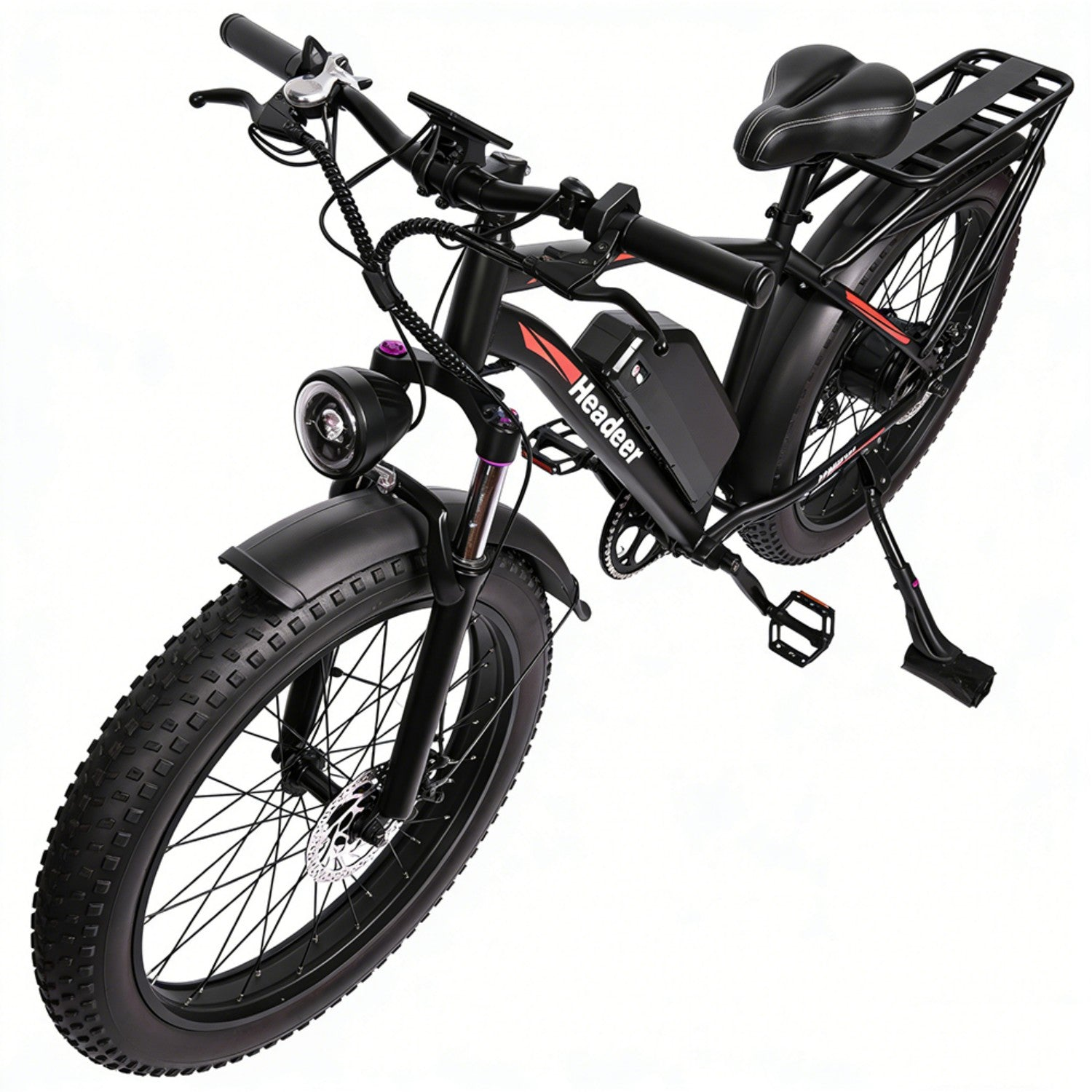 Schwarzes E-Bike mit dicken Reifen, Gepäckträger, Scheinwerfer und Akku.