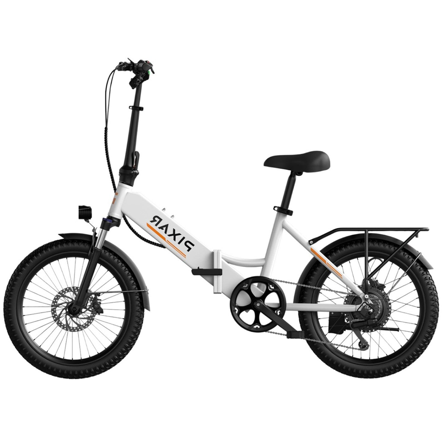 Una bicicleta eléctrica plegable blanca con neumáticos y detalles negros.