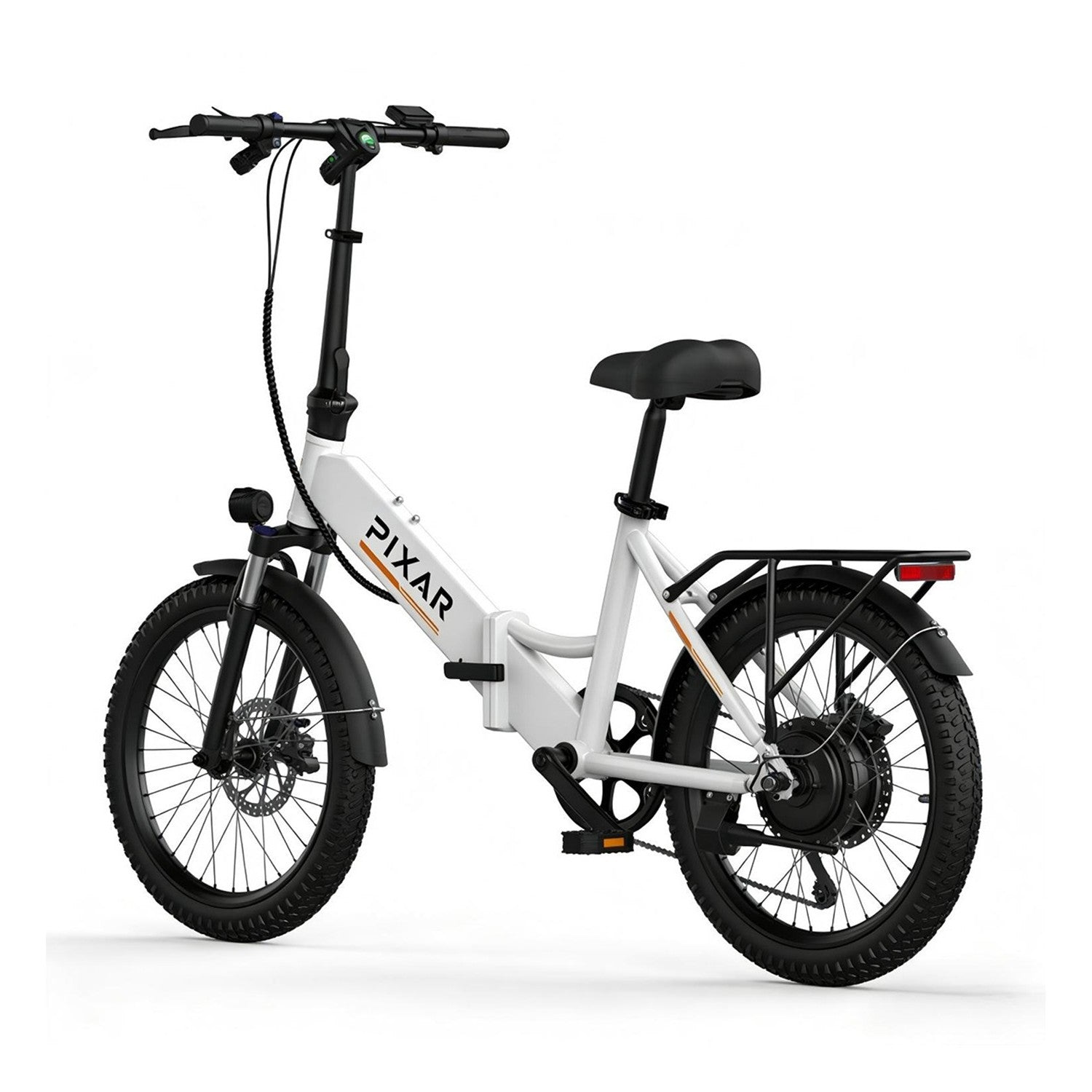 Una bicicleta eléctrica plegable blanca con ruedas, sillín y manillar negros.